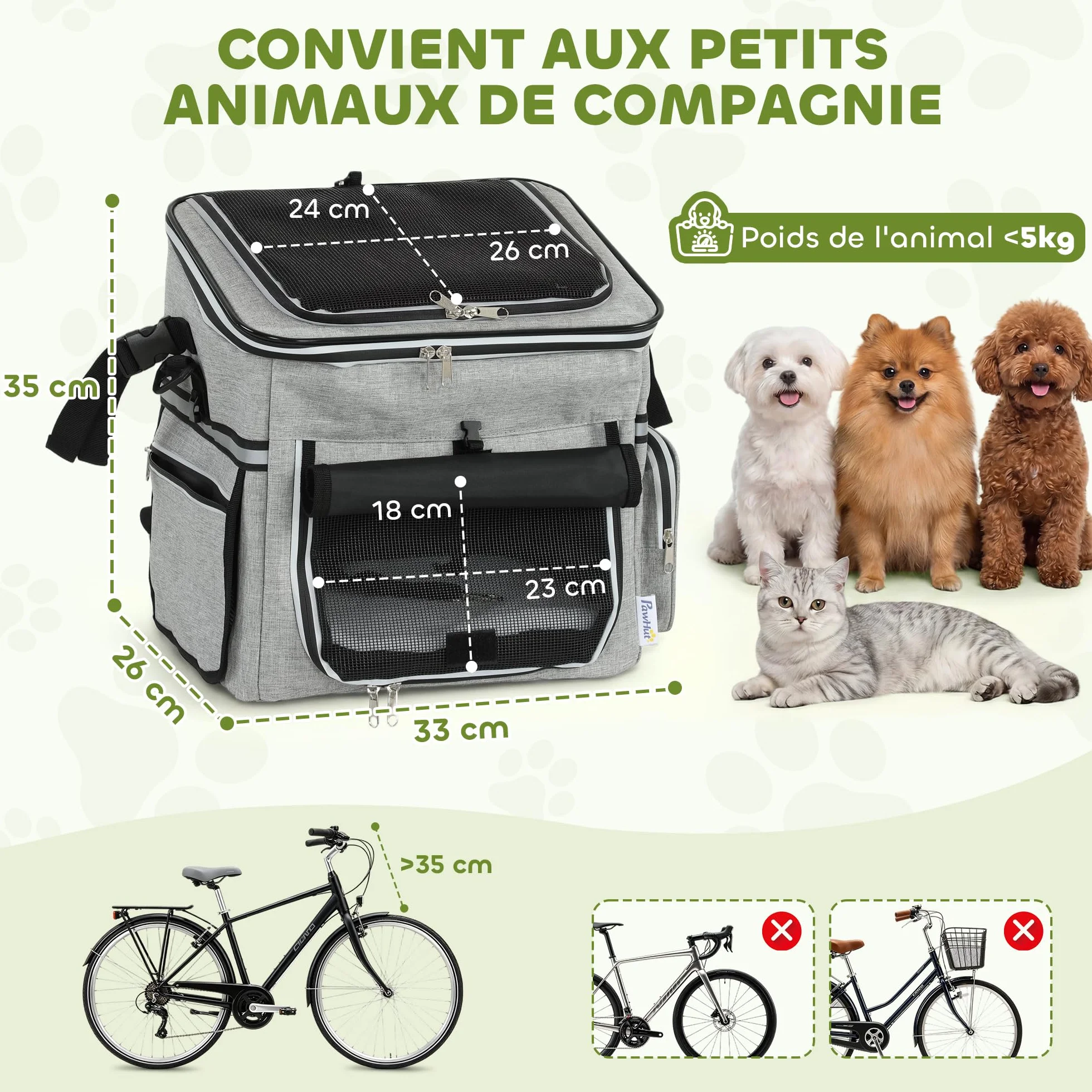 PawHut Cestello da bicicletta Anteriore per Cani Gatti, Cestino Bici Anteriore Portatile con Guinzaglio di Sicurezza, Base Rigida Rimovibile, Coperchio Staccabile, Cuscino Soffice, Finestre e Porta