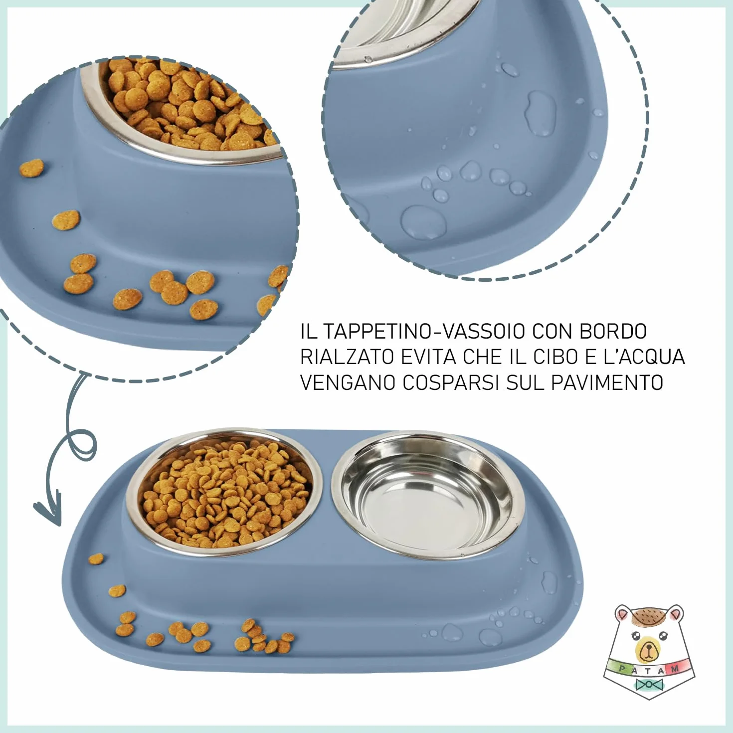 PATAM ciotola doppia per gatti in acciaio inossidabile con tappetino morbido antiscivolo, antiribaltamento Made in Italy - Jerry Blu