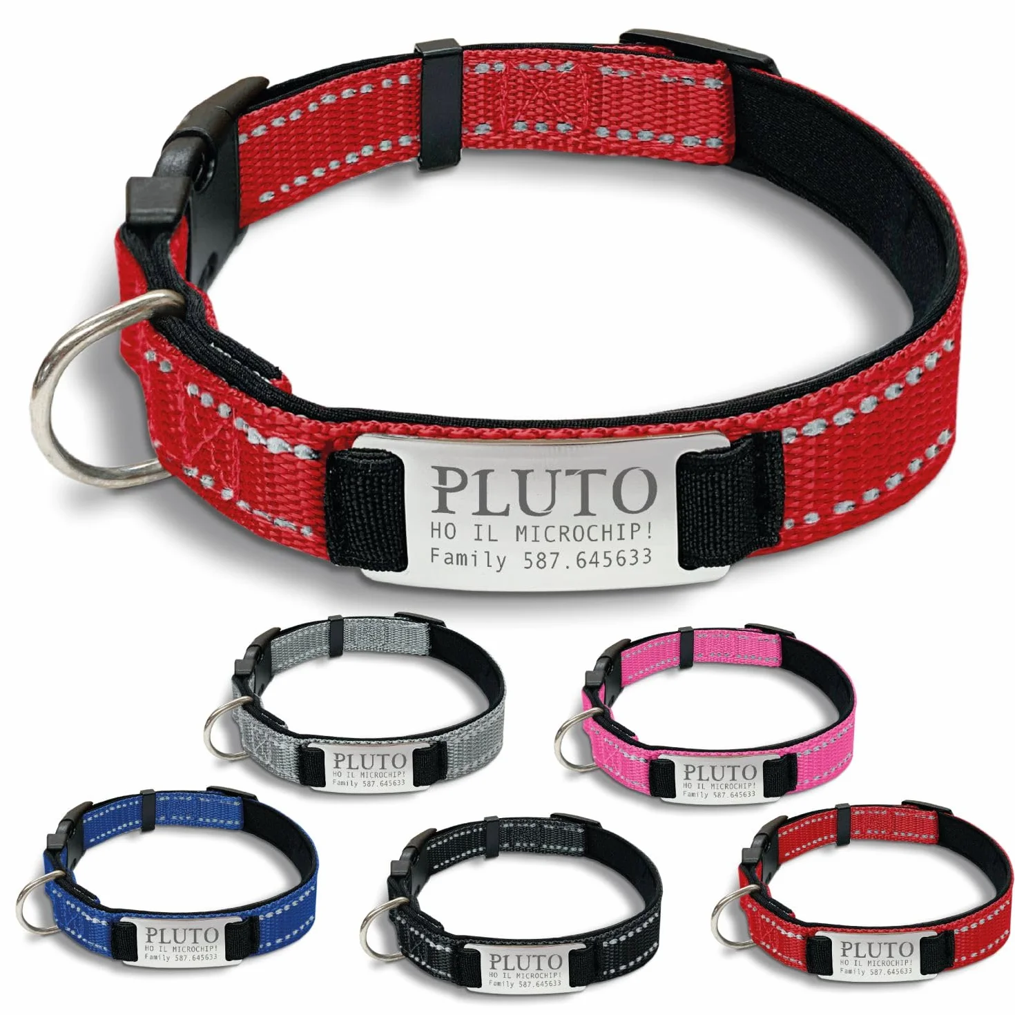 Gruppo Veneziano - collare cane personalizzato - collare cane personalizzabile con targhetta in metallo - linee Catarifrangenti - clip in abs - gancio per guinzaglio