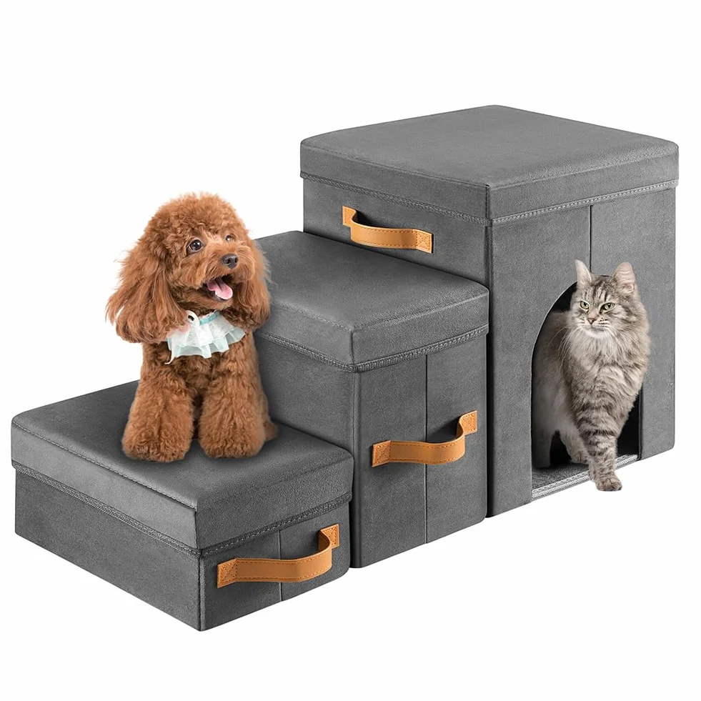 BAKAJI Pieghevole Scala per Cani e Gatti 3in1 Velluto Grigio, Scaletta per Animali Domestici Multifunzione con Contenitore e Cuccia, Antiscivolo