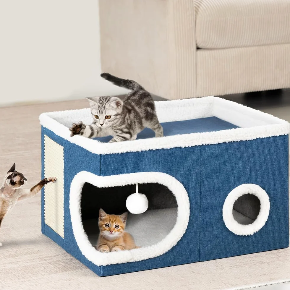 BAKAJI Cuccia per Gatti con Ingresso Tondo e Bordo in Lana, Casetta Rifugio per Animali Domestici, Tiragraffi in Poliestere Caldo e Imbottito, Cuccetta Graffiatoio Base Antiscivolo 58x42x33cm (Blu)