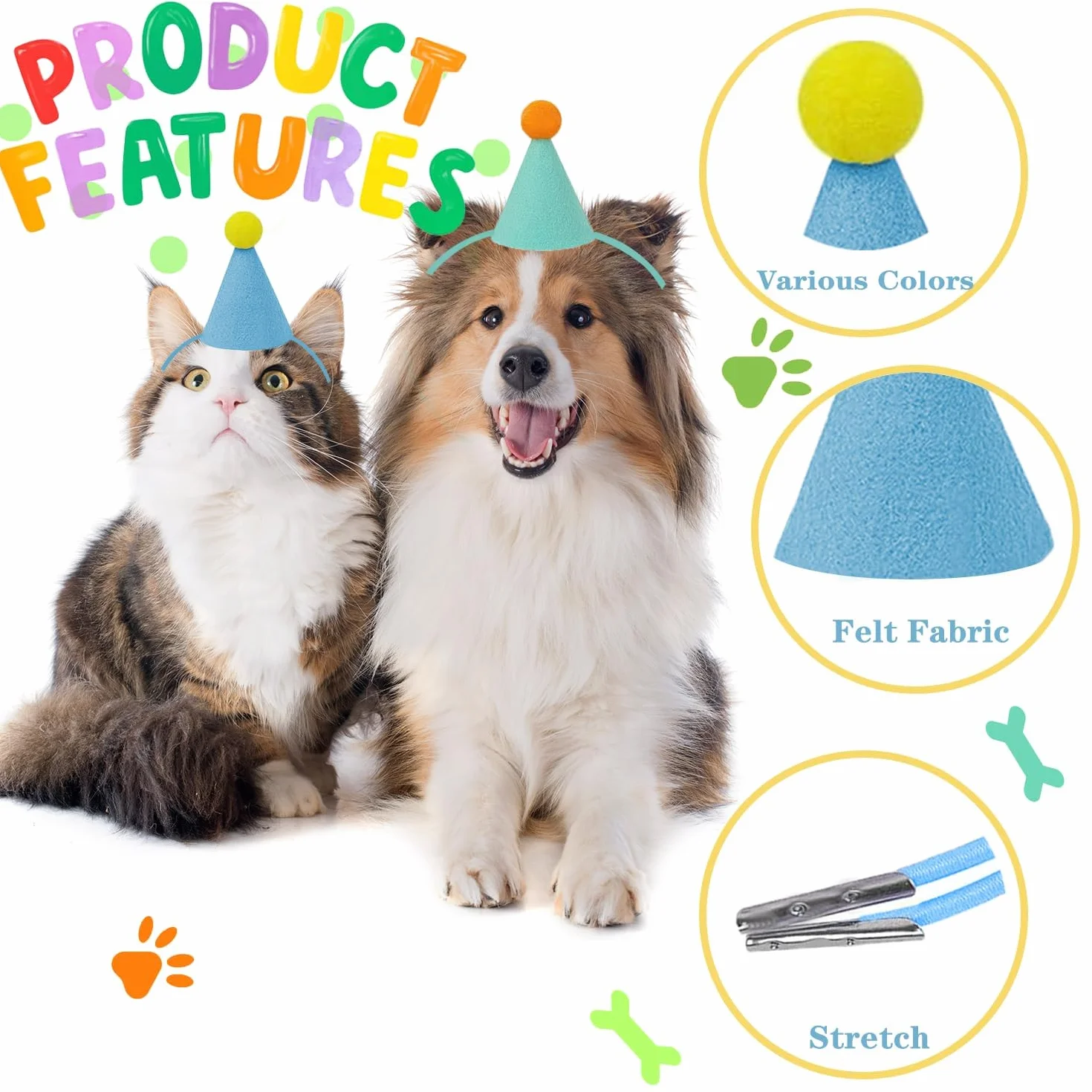 Cappellino di Festa per Animali Carino Colorato Compleanno Gattini Cuccioli Coniglio Regolabile Decorazione 6 Pezzi