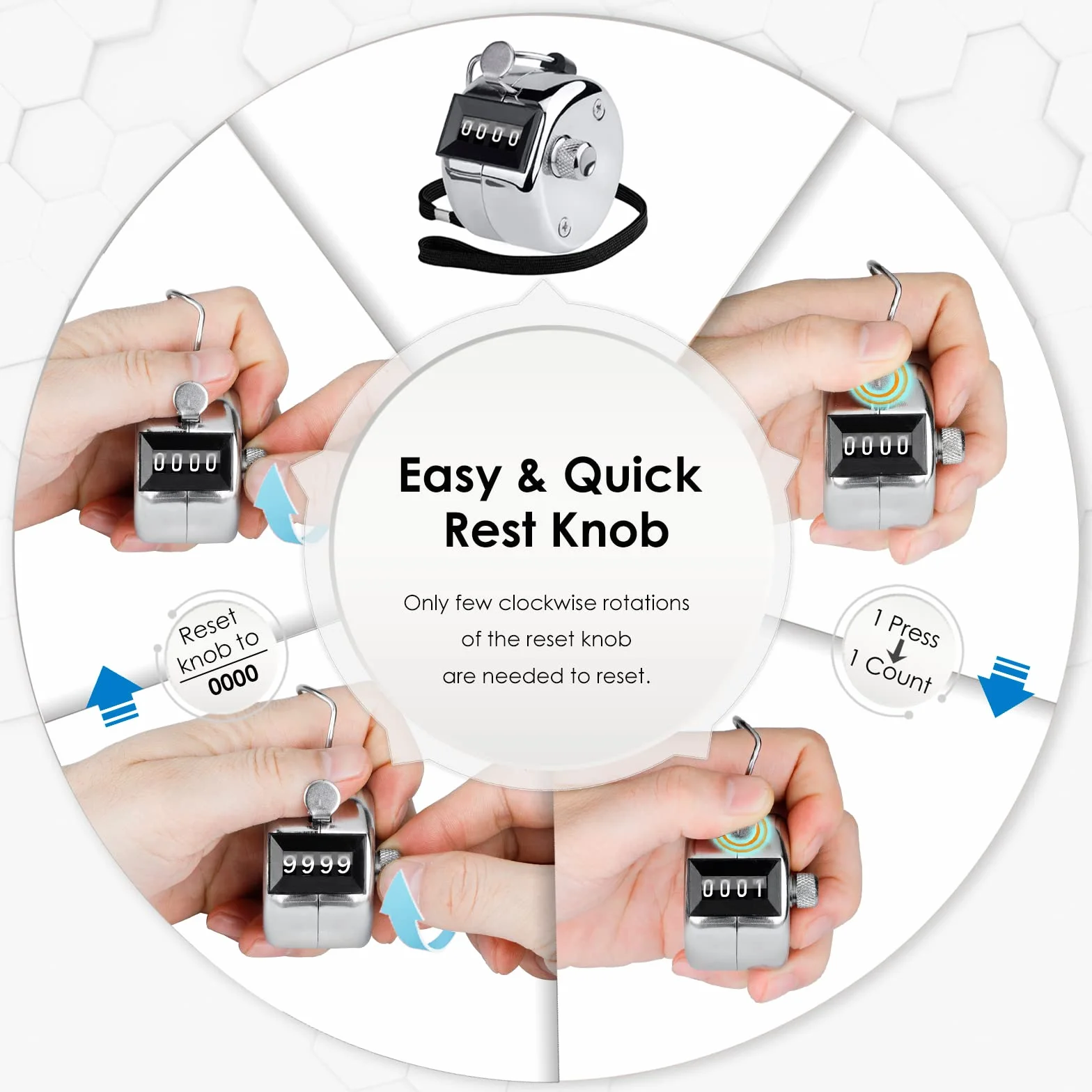 KTRIO Contatore a mano con 4 contatori digitali Clicker, contatore meccanico in metallo, argento