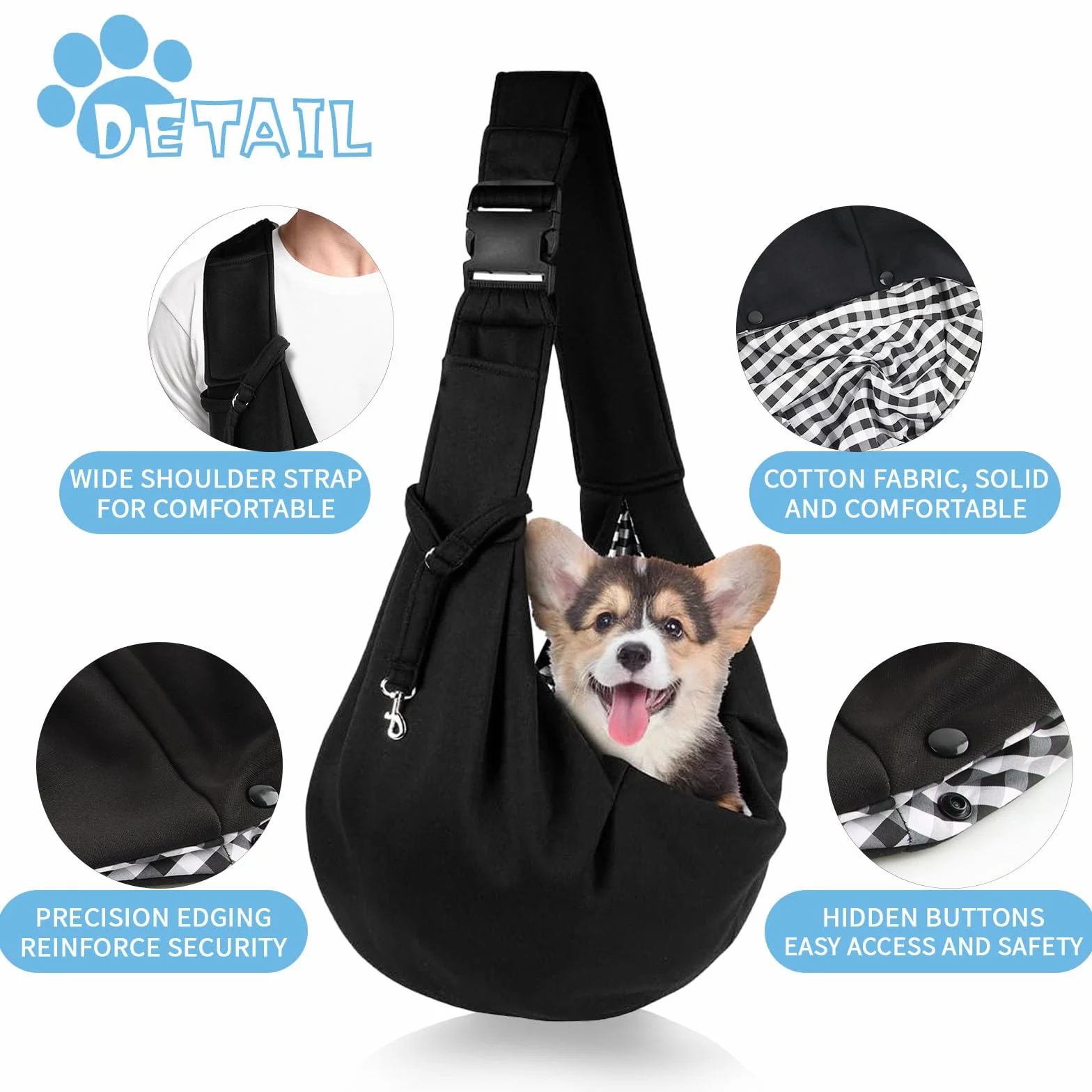 ACTOYS Borsa a Tracolla Regolabile e Reversibile per Animali Domestici, Trasportino Portatile da Viaggio per Cani da Passeggio (Nero)