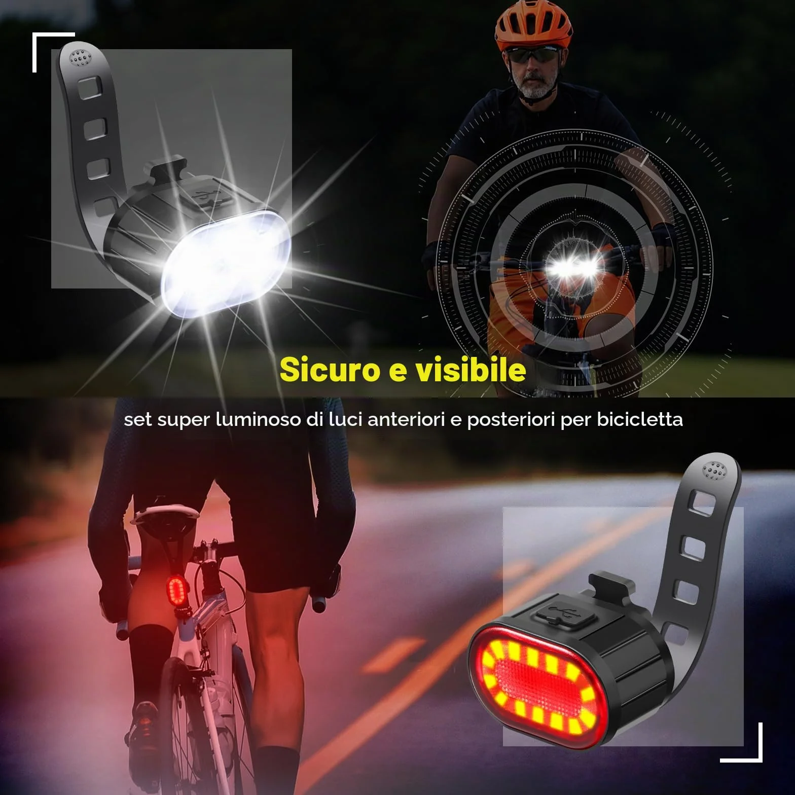 Oderra Luci Bicicletta Led, Ricaricabile USB & Impermeabili IPX5 Luci LED Bici, Lunga Durata Della Batteria, 4+6 Modalità Ultra Luminose Luce Bici Anteriori e Posteriori