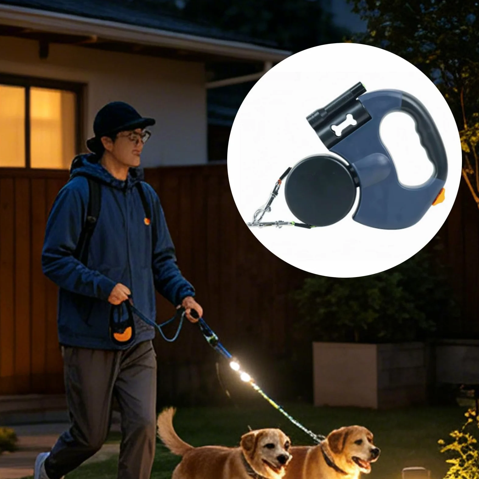 Generic Guinzaglio Doppio Retrattile per Animali Domestici, Luce LED Senza Torsione Regolabile per Due Cani Che Camminano (Versione a batteria blu)