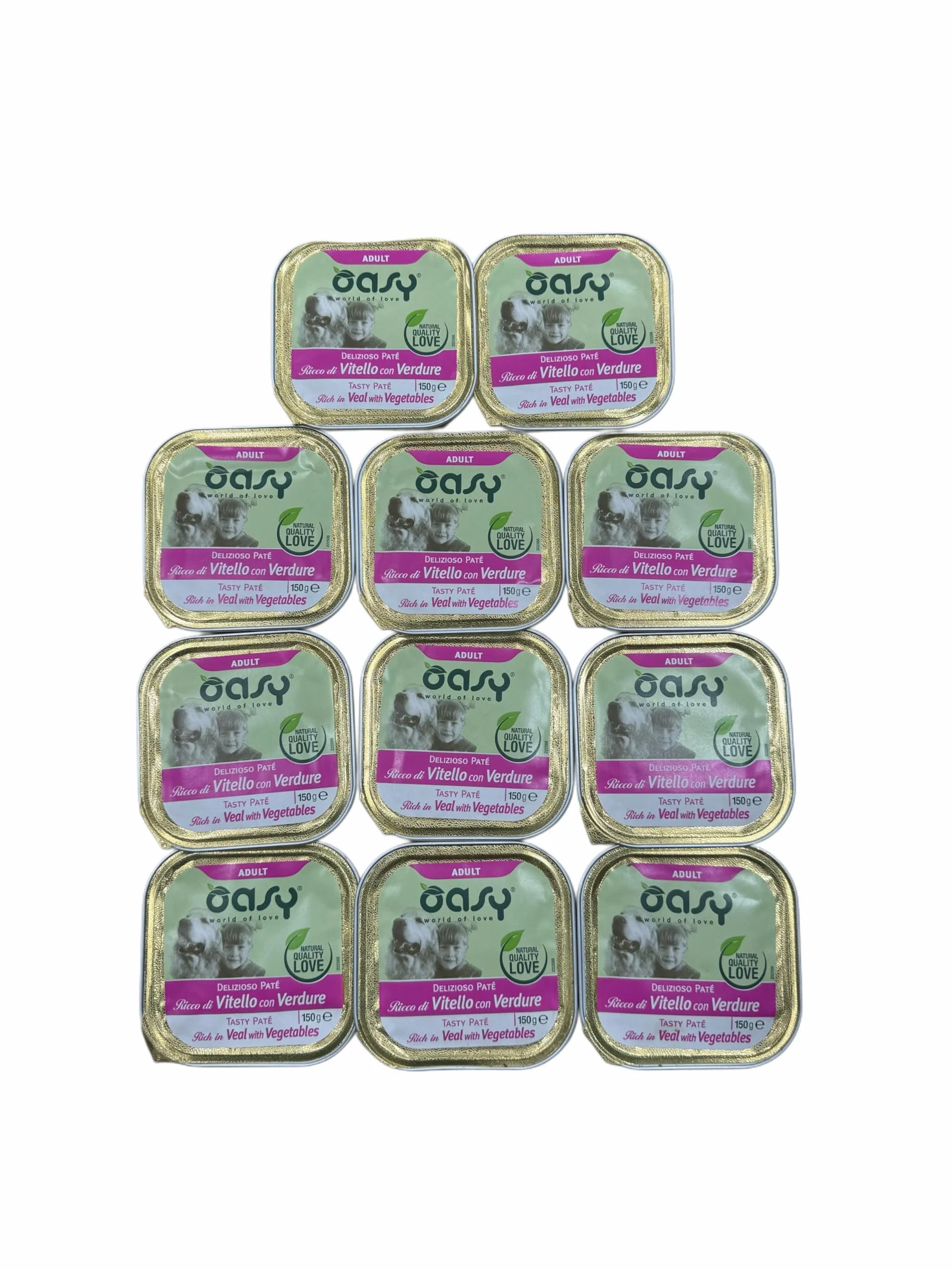 Oasy delizioso patè per cani adulti di tutte le taglie, gusto VITELLO e VERDURE | 11 vaschette da 150 grammi l'una.
