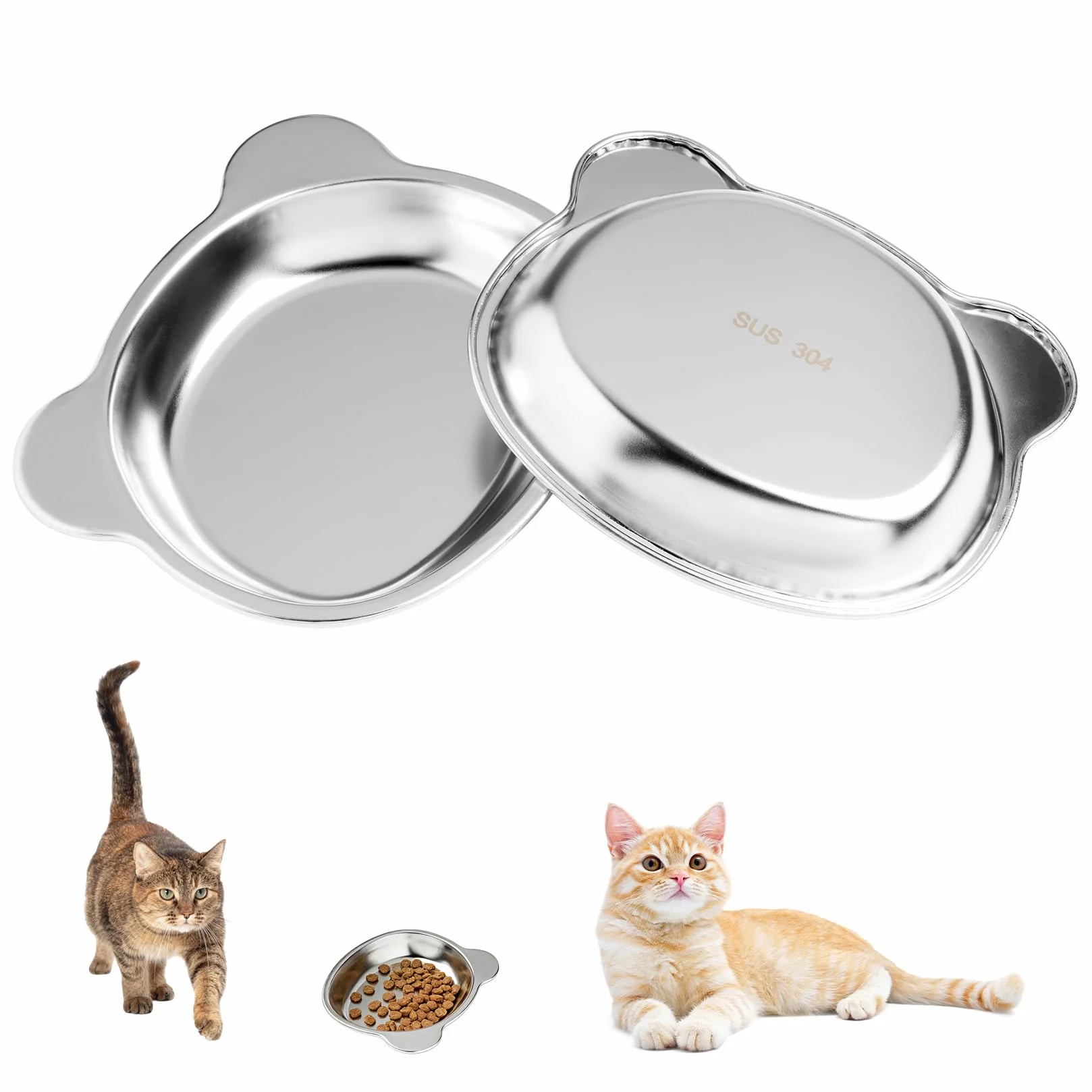2 Pz Ciotole per Gatti in Acciaio Inox, Ciotole Piatte per Gatti, Ciotola per Bere Antiscivolo, Ciotola per Cibo per Gattis, cibo umido e secco per gattis