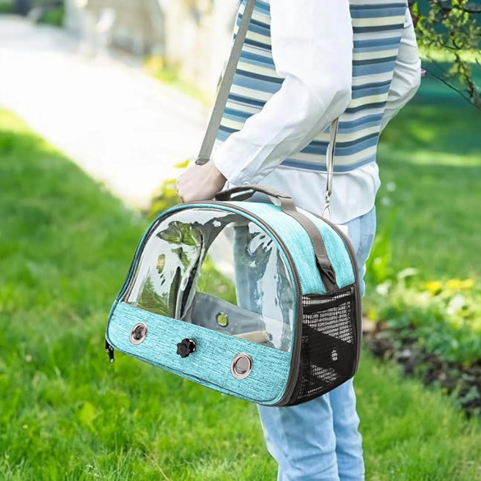 Borsa per il Trasporto di Uccelli con Asta e Vassoio in Acciaio Inox, Zaino Portatile per Pappagalli con Asta di Legno (Blue)