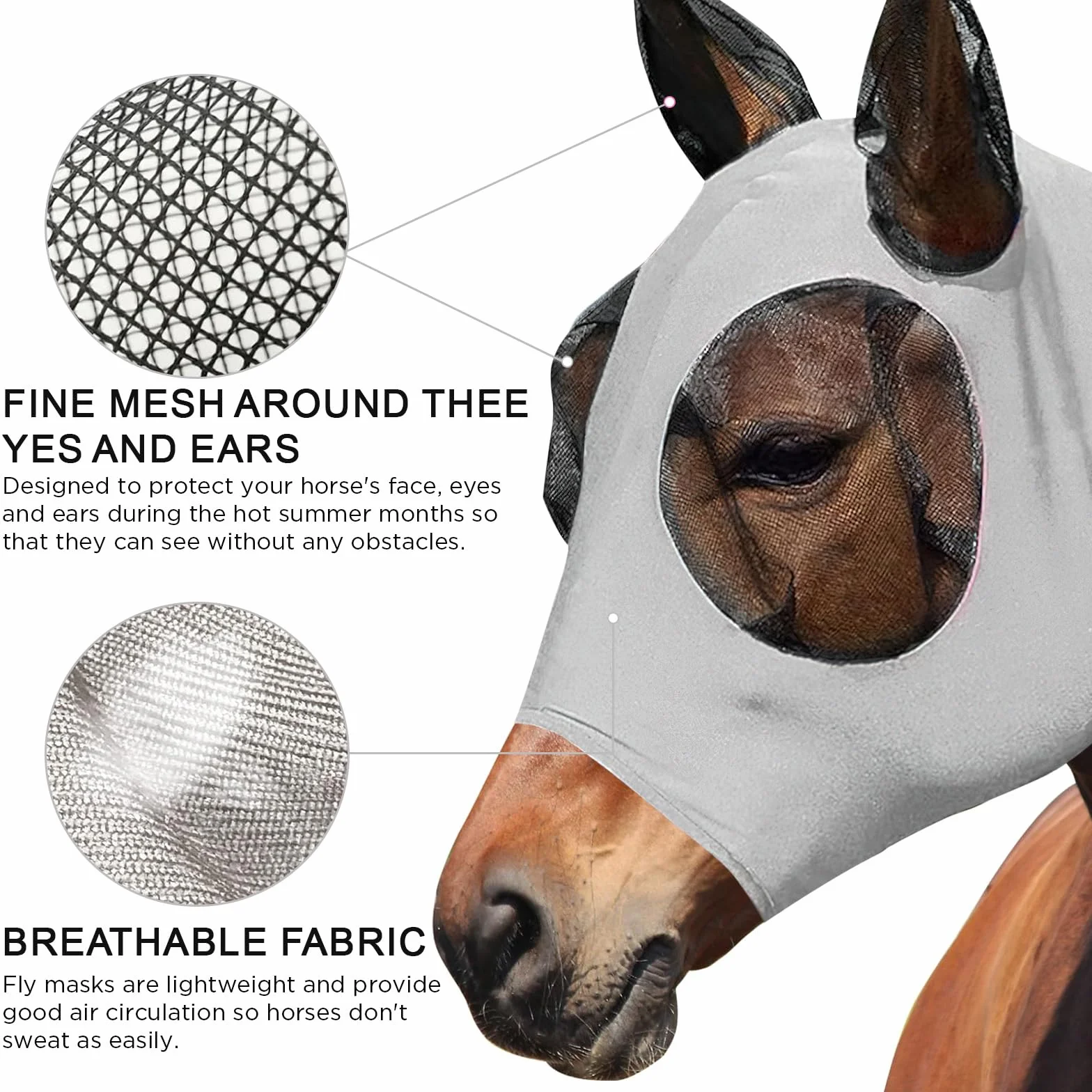 Maschera Antimosche Cavallo Protezione UV Elastico Grigio