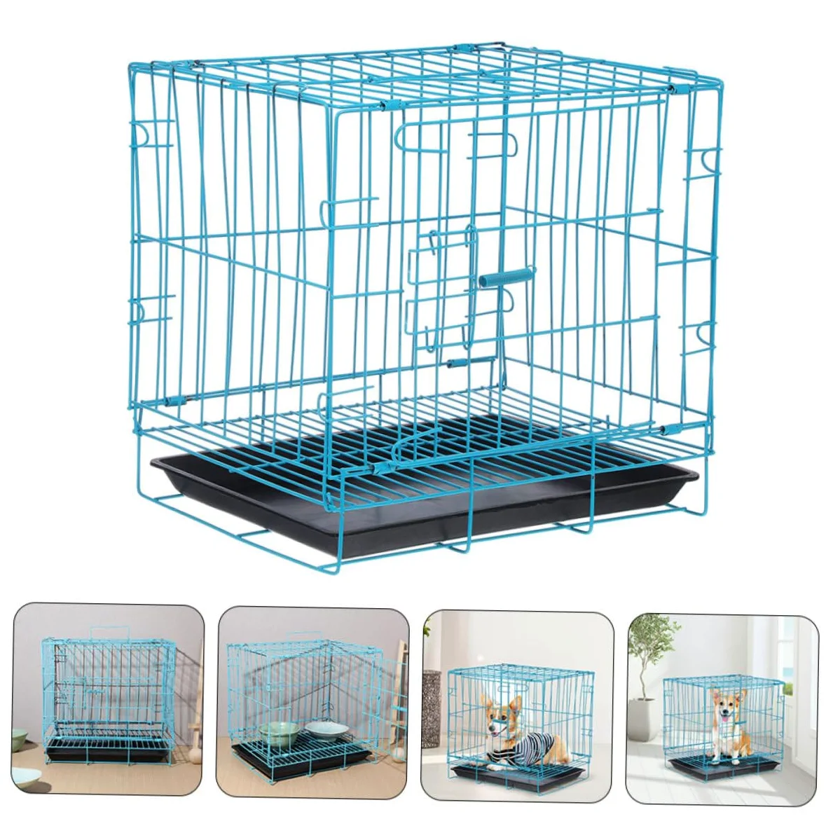 Gabbia Portatile per Gatti e Conigli in Ferro Verniciato Blu con Vassoio Trasportino Traspirante e Sicuro per Viaggi e Attività all Aperto