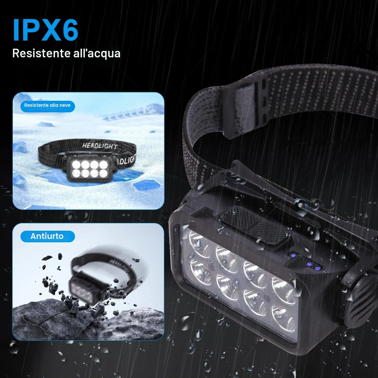 Lampade Frontali LED Ricaricabili 2500 Lumen 5 Modalità IPX6 Impermeabili Sensore di Luce per Esterni Campeggio Corsa Pesca