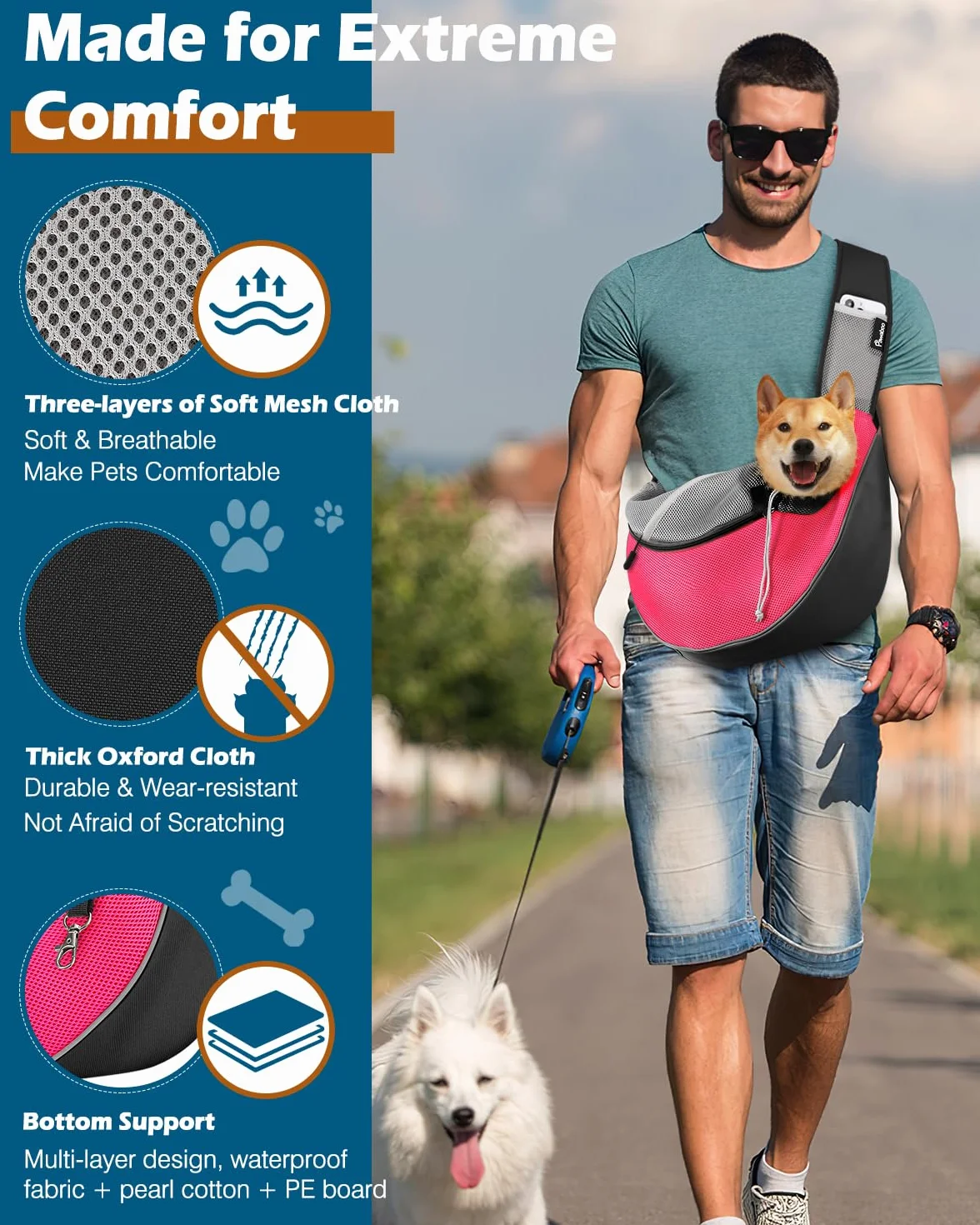 Pawaboo Marsupio per Cani, Marsupio Traspirante in Rete per Cuccioli che Lascia le Mani Libere, Marsupios per Cani con Tasca con Chiusura a Zip e Tracolla Regolabile, Borsa a Tracolla, M, Rosa