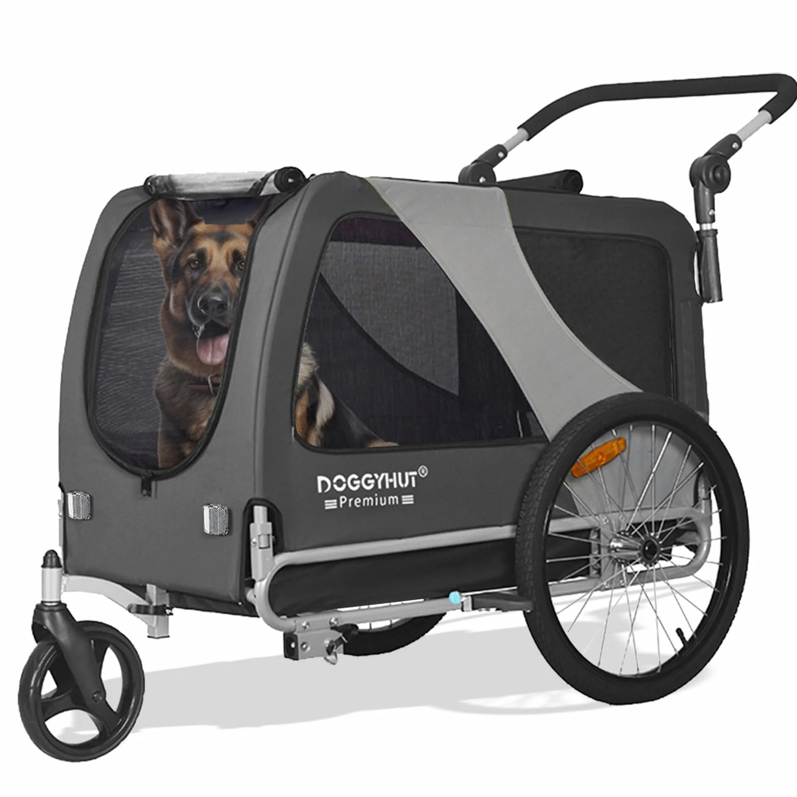 DOGGYHUT® - Rimorchio per bicicletta 2 in 1 per cani e jogging, 23 – 45 kg, per cani, per bicicletta, 80106 (grigio)