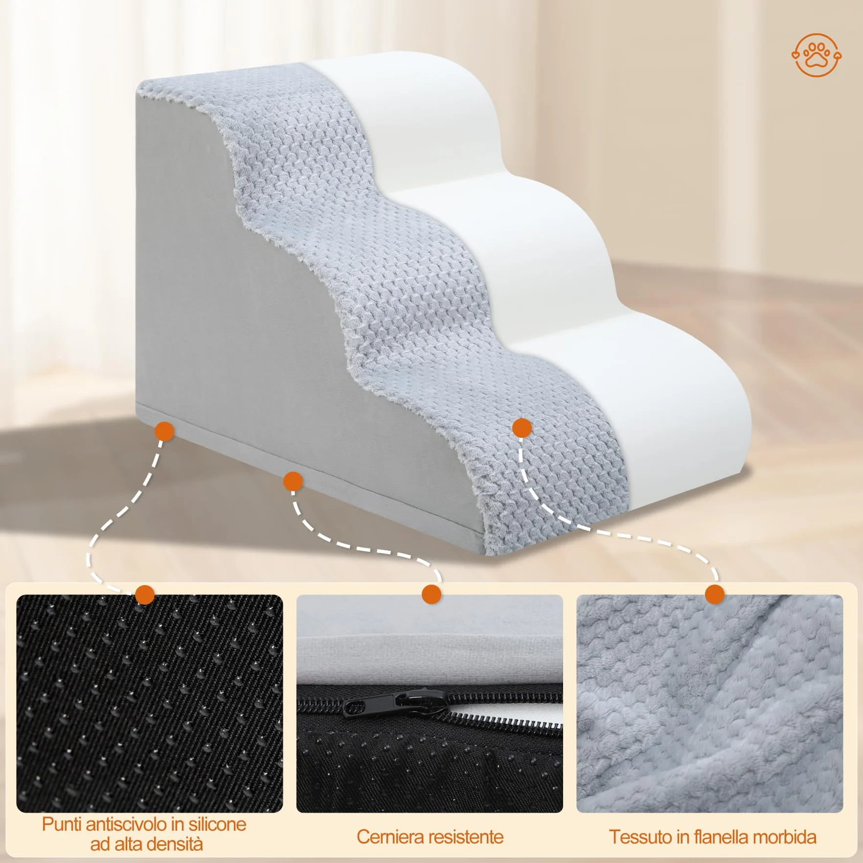 Scaletta per Cani 3 Gradini 40 cm Antiscivolo Rampa per Cani Copertura Rimovibile e Lavabile Grigio