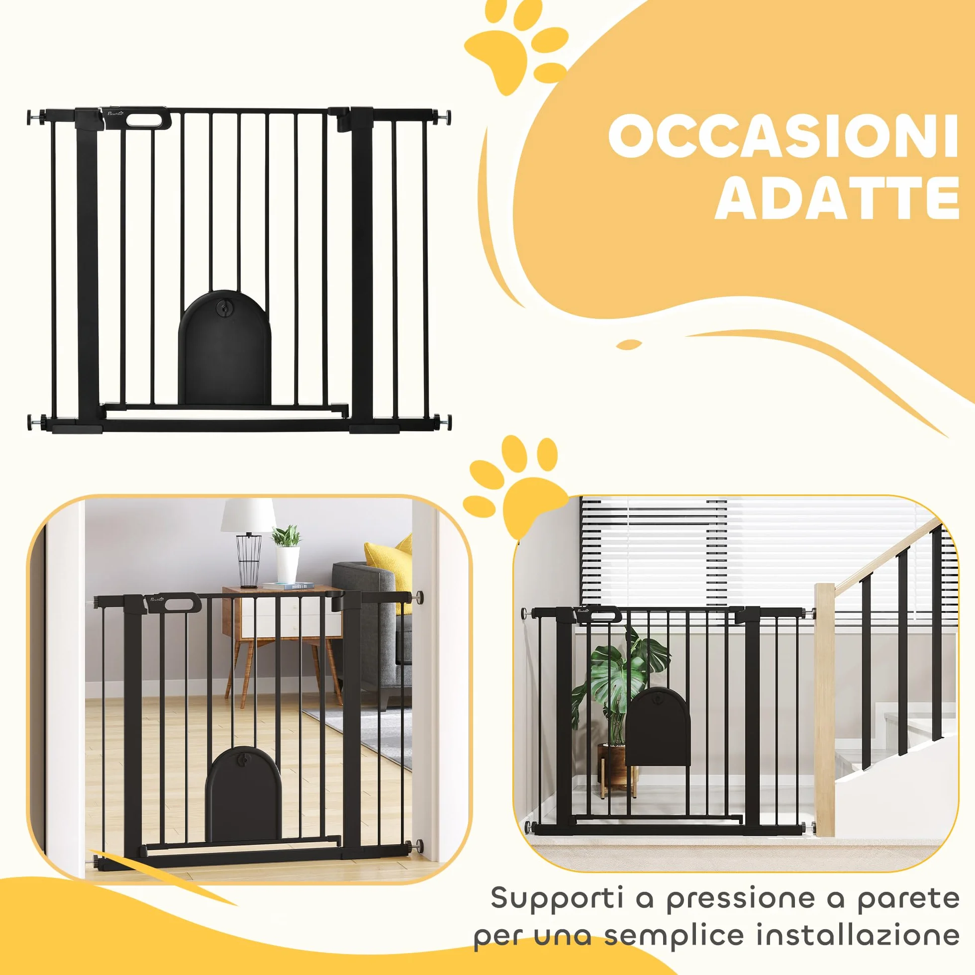 PawHut Cancellino per Cani Regolabile con Porta Piccola, Barriera per Cani con Chiusura Automatica, 75-103x76 cm, Nero