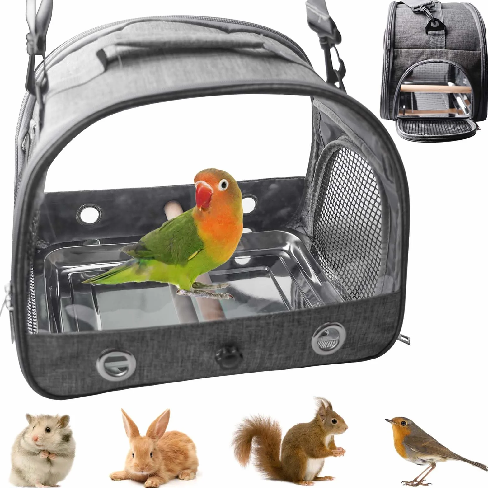 Borsa per il trasporto per uccelli con asta in acciaio inox, per pappagalli, pappagalli, piccoli animali, per viaggi, escursioni, campeggio, pieghevole a 180°