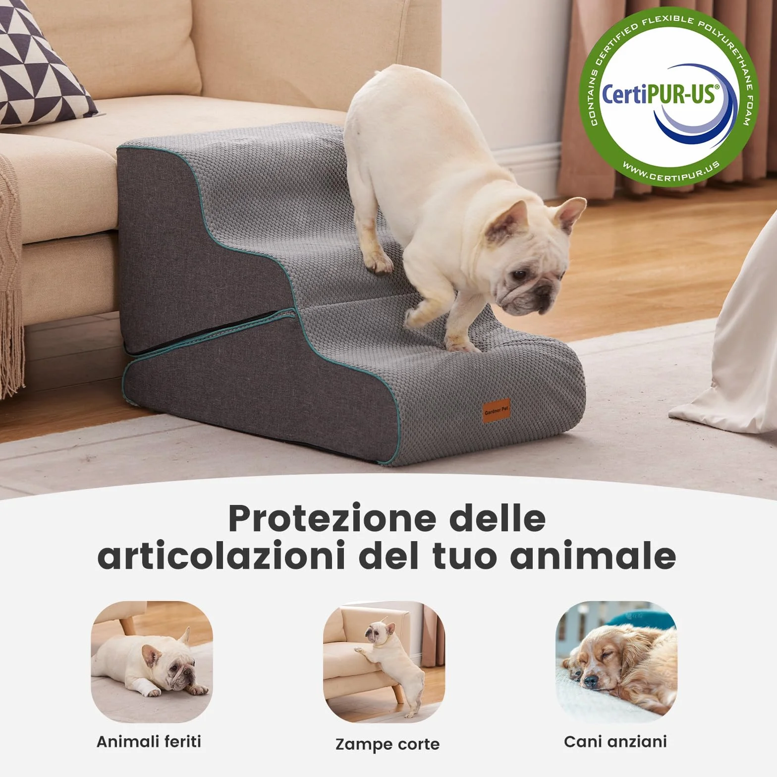 Gardner Pet Scala per Cani Piccoli 35/42cm 3 Gradini Rampina Antiscivolo Impermeabile Grigio