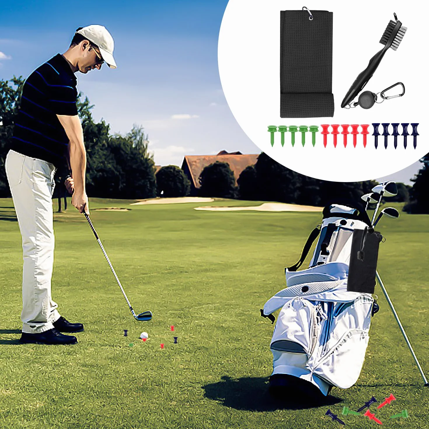 Set regalo accessori da golf: spazzola double face, asciugamano, 15 supporti