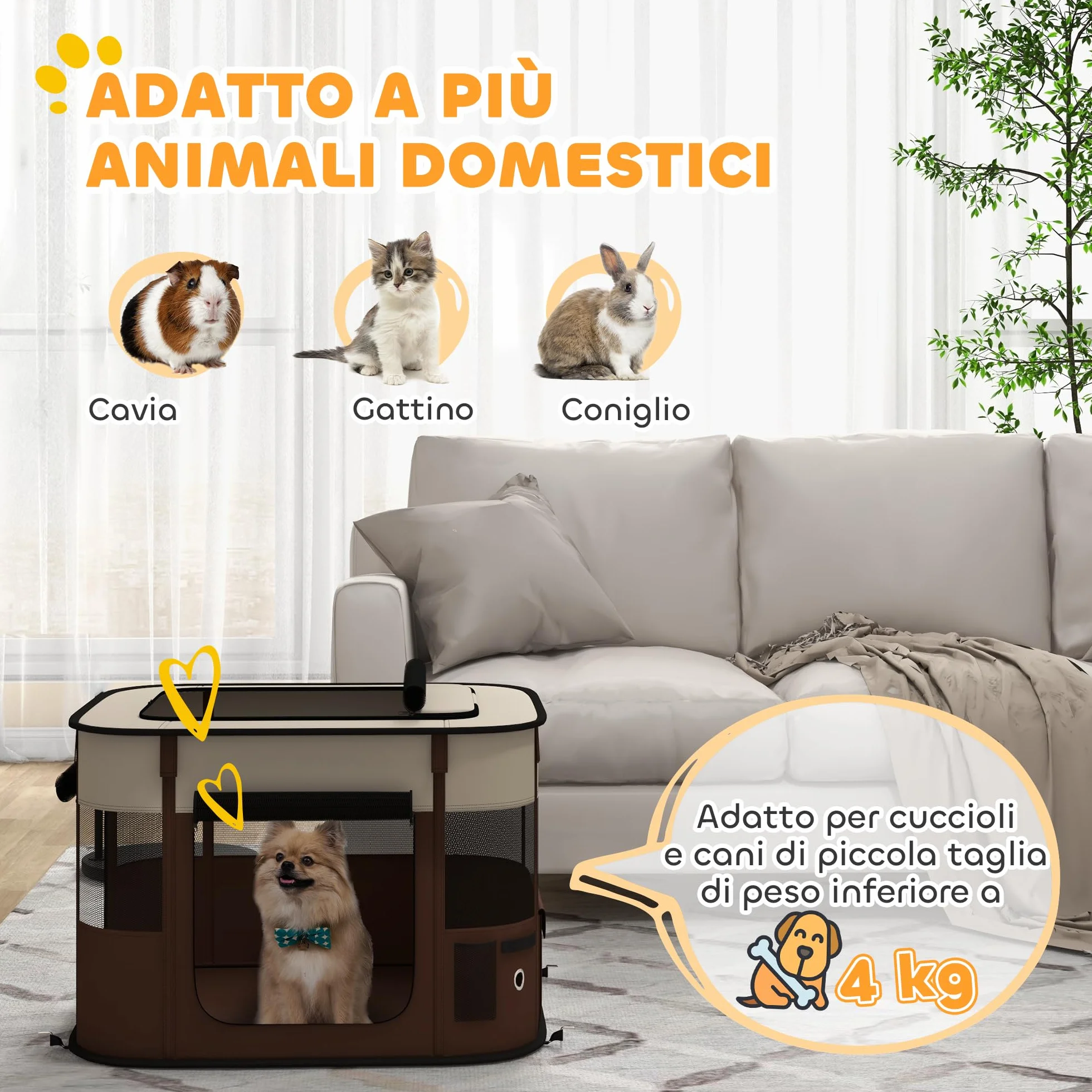 PawHut Box per Animali Domestici 6 Finestre 3 Porte 2 Borse Portaoggetti Recinto per Cani Tessuto Oxford Acciaio 74x60x45 cm Marrone