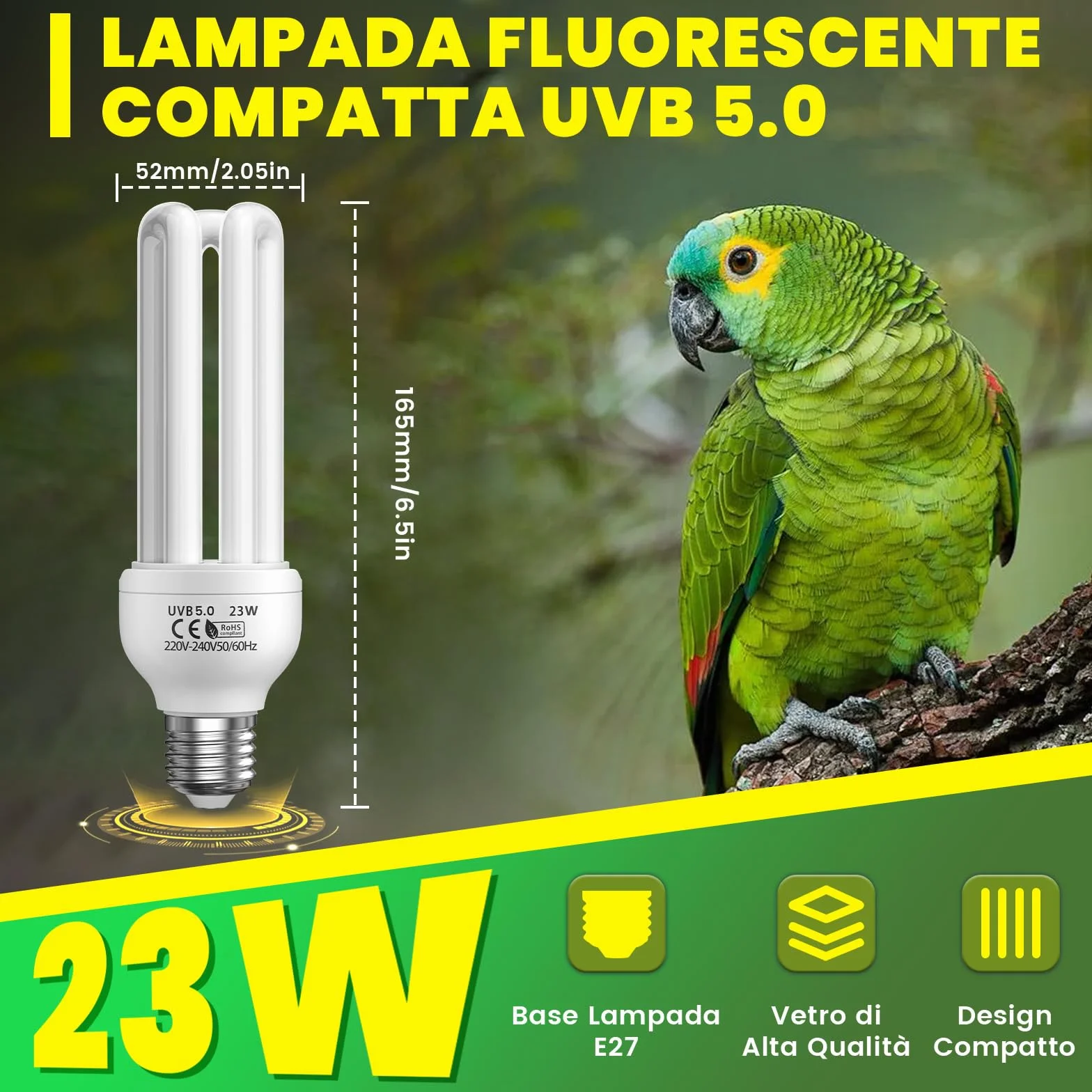 UVB 5.0 E27 23W Lampada Fluorescente Compatta per Uccelli
