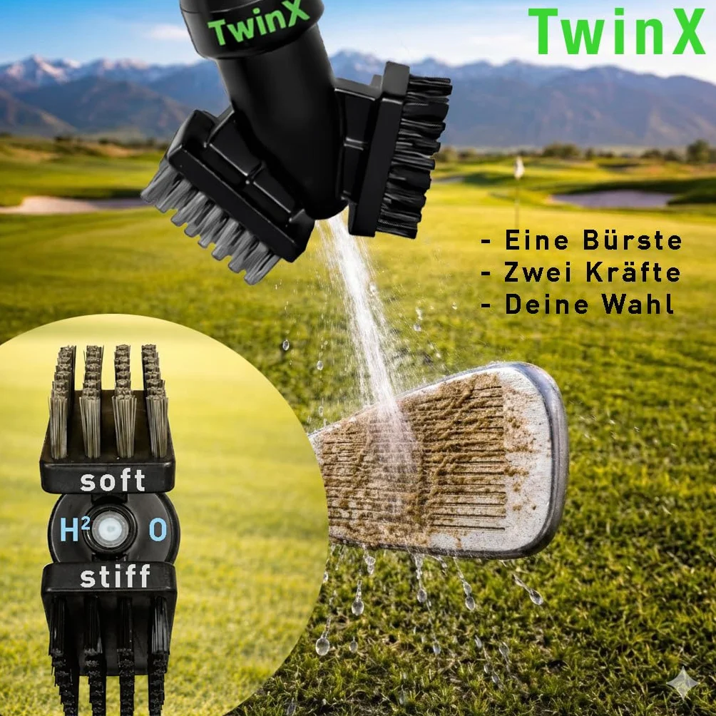Spazzola da golf Premium con serbatoio acqua e funzione spray, doppia setole, magnete e moschettone