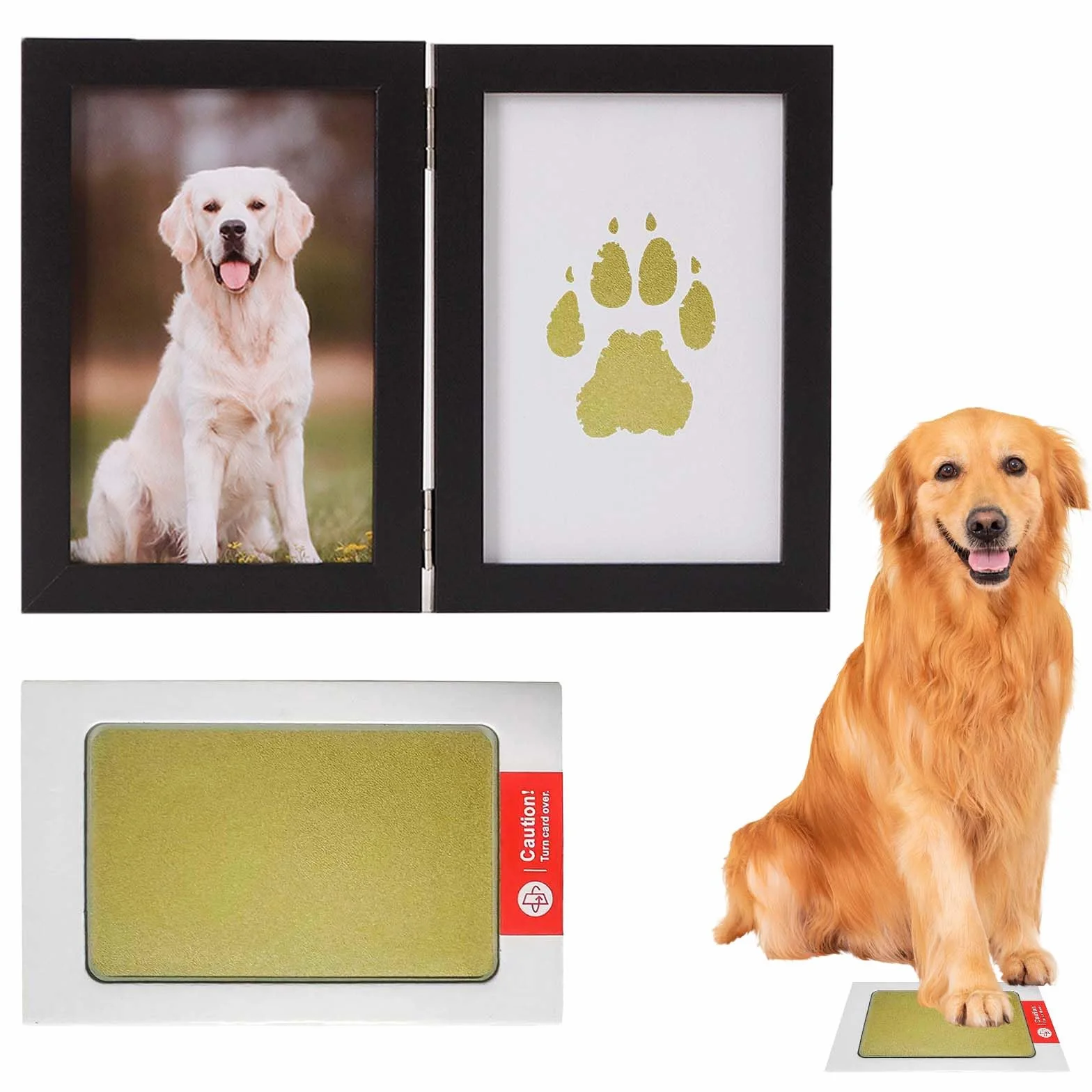 Impronta Zampa Cane Kit 2 in 1 Cornice Doppia Nera 1 Timbro Oro 2 Cartoncini Neri per Foto 8x12 cm Ricordo Animali Domestici