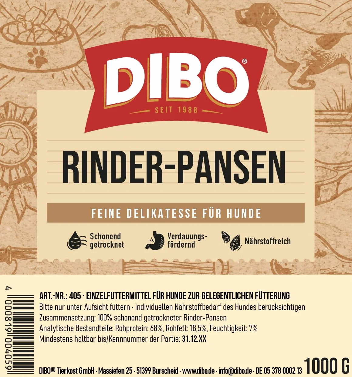 DIBO Pane di manzo, 1000 g, il piccolo snack naturale o dolcetti per mezzo, cibo per cani, articoli da masticare di qualità senza prodotti chimici