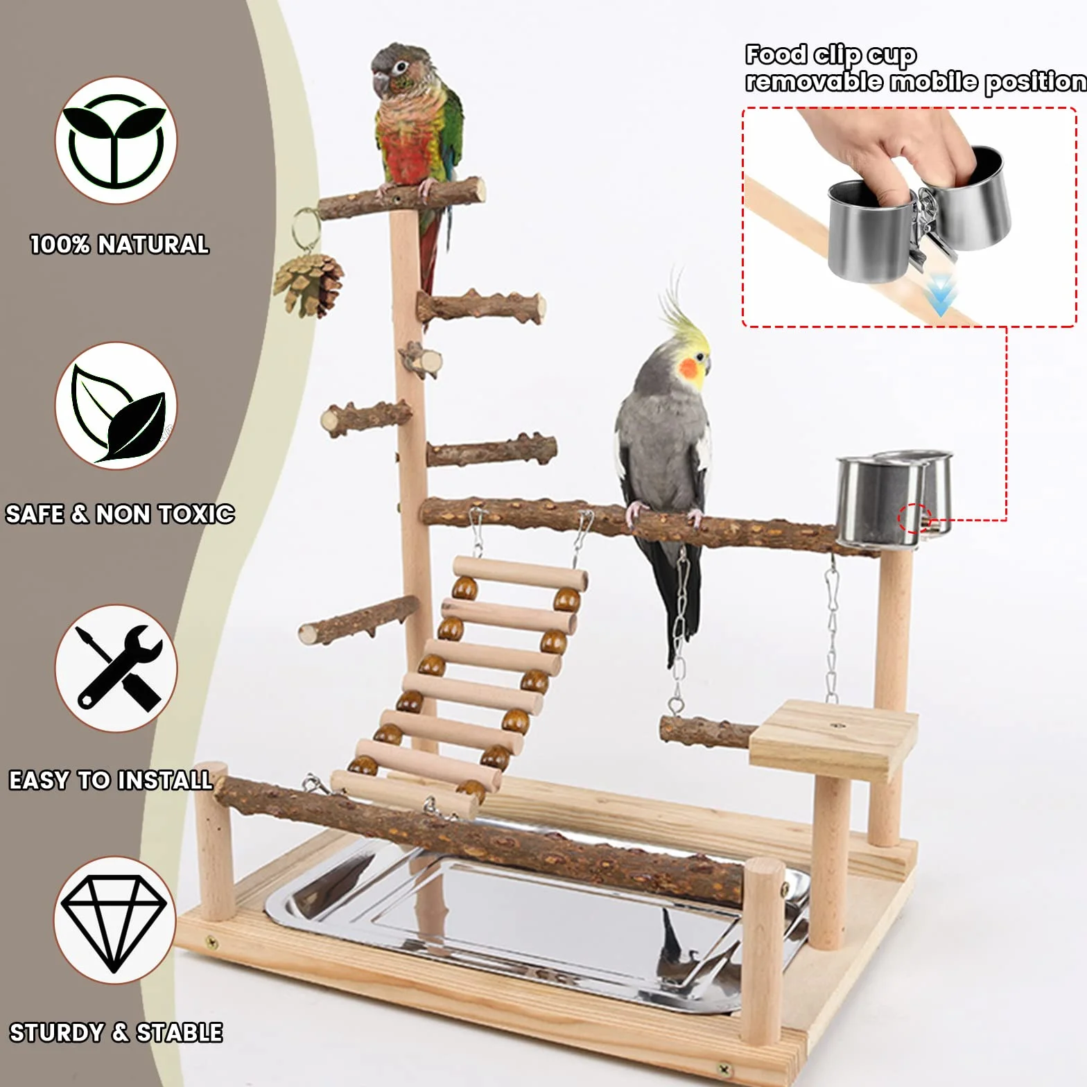 Parco Giochi per Pappagalli Palestra per Uccelli con Posatoi e Accessori Legno 45x37x26 CM