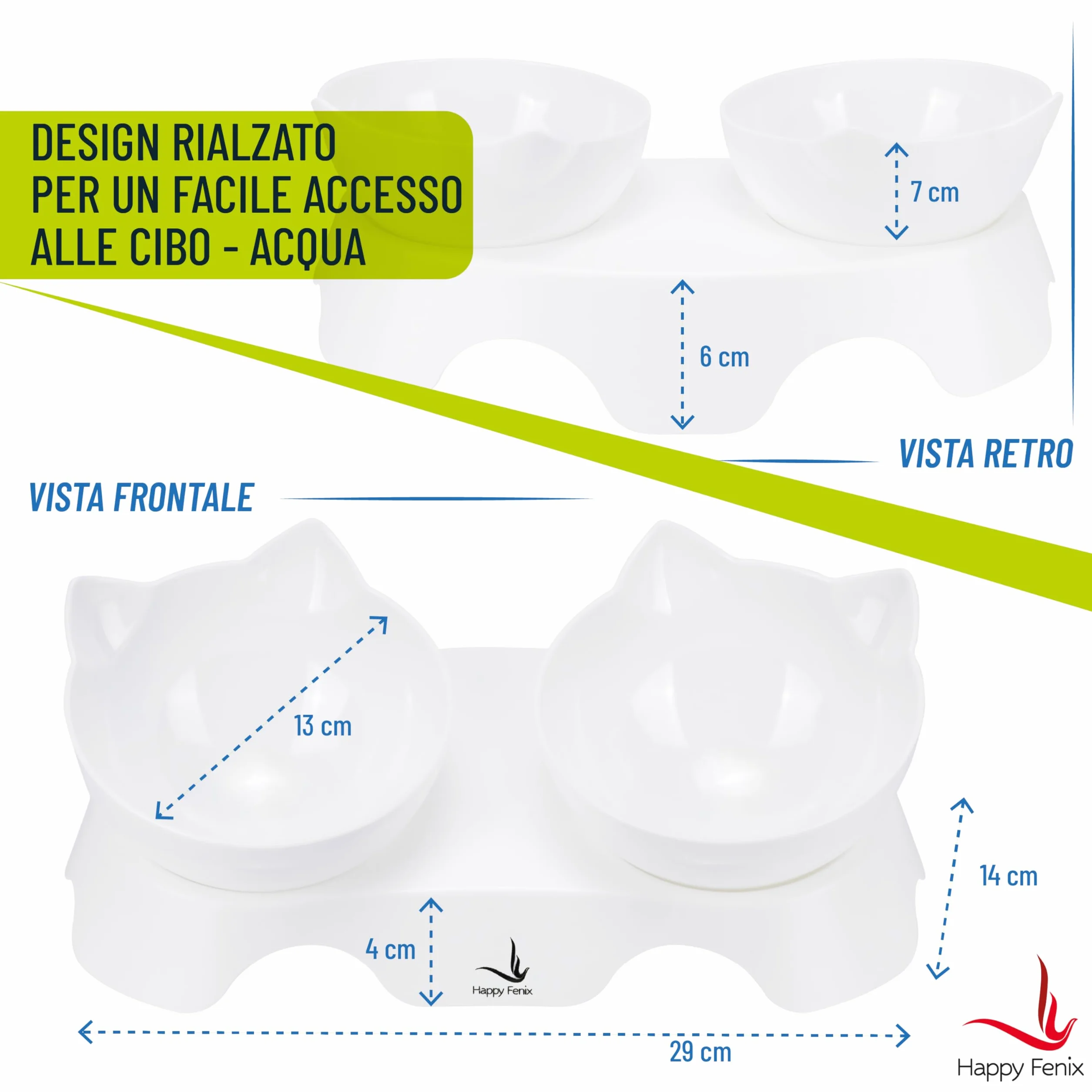 Ciotole Per Gatti in Plastica 2 Pezzi - Eleganti, Resistenti, Antiscivolo e Facili da Pulire - Colore Bianco
