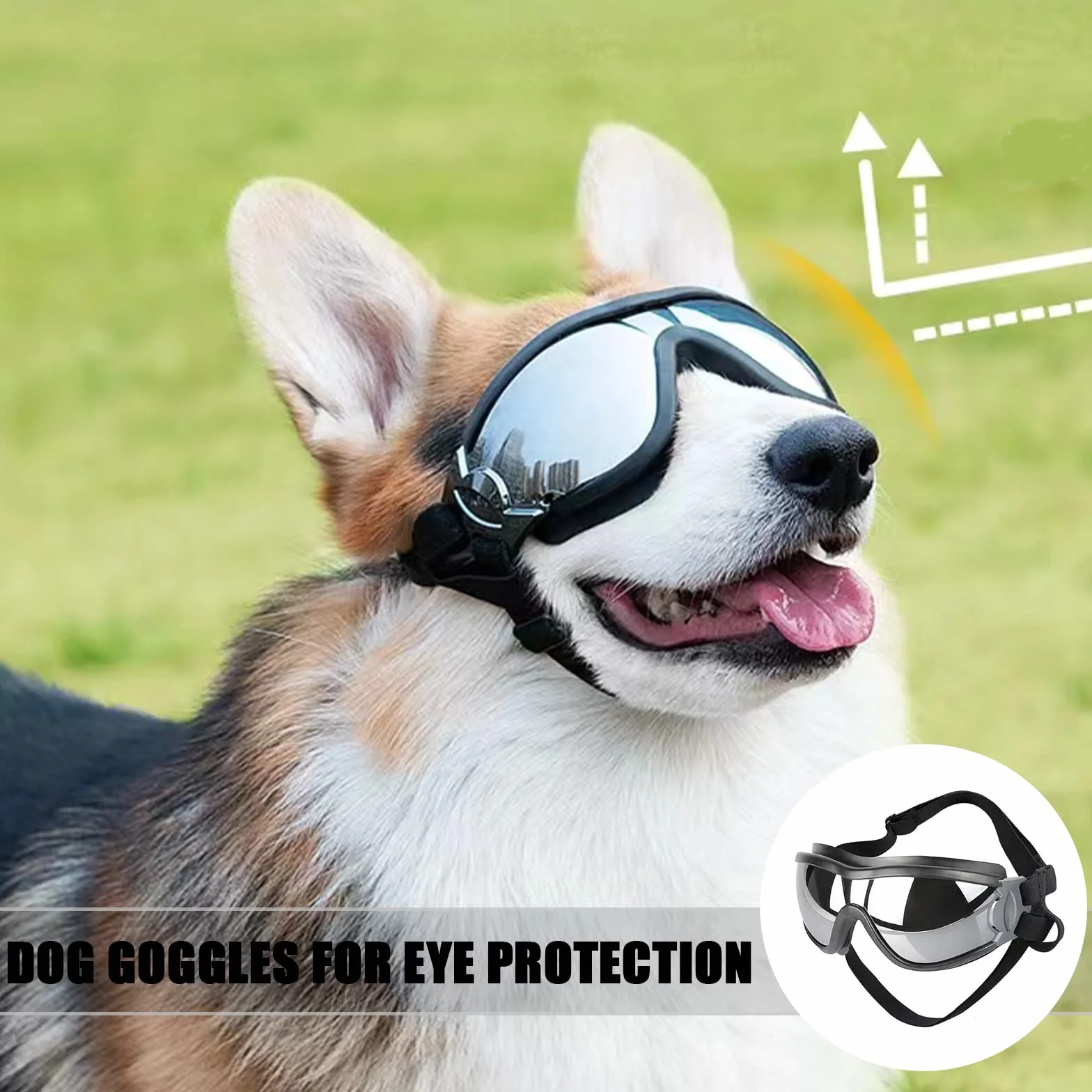 Occhiali per cani, occhiali da sole per cani con cinturino elastico, occhiali UV per animali domestici, proteggono gli occhi del cane da raggi UV, vento, polvere nebbia, razza media/grande