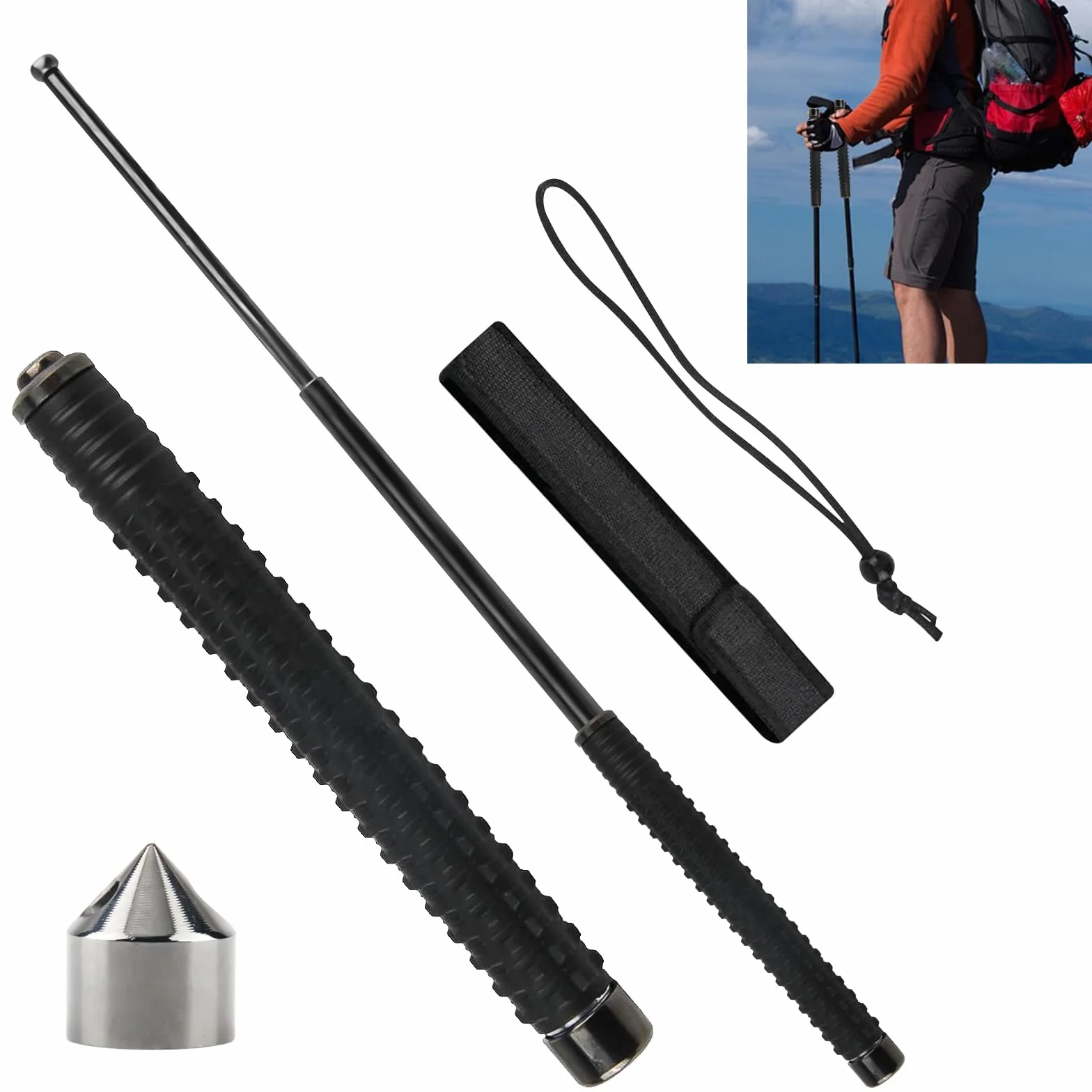 Multifunzionale Bastone da Escursionismo Telescopico, Pieghevole, 64cm, Antiscivolo con Tracolla e Borsa per il Trasporto, Ideale per Trekking, Campeggio, Alpinismo e Sci, Nero