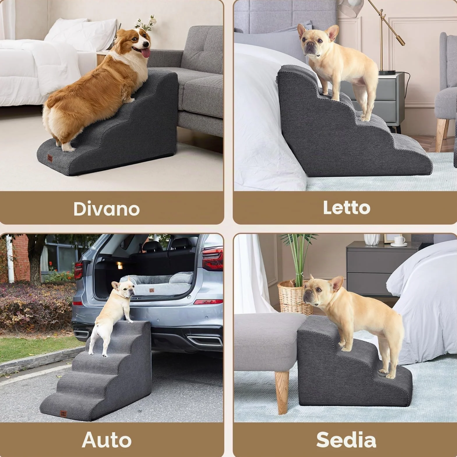 EHEYCIGA Scaletta per Cani 3 Gradini 40 cm, Scala Antiscivolo per Letto e Divano, Rivestimento Rimovibile e Lavabile, Grigio