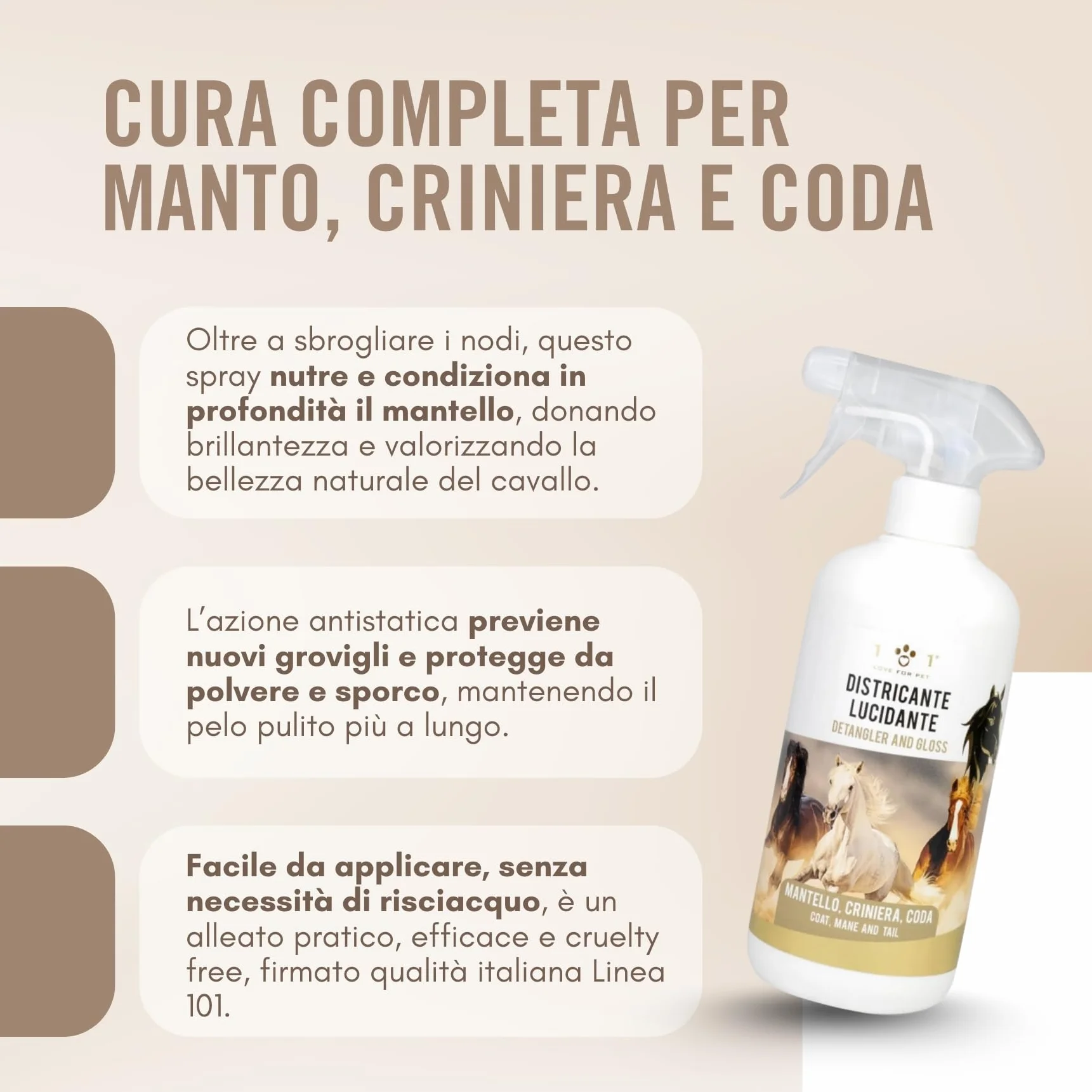 Districante Cavalli Spray Naturale 750 ml Lucidante e Detergente Vegetale per Manto, Criniera e Coda Districante per Cavalli Non Unge, Effetto Shine, Cruelty Free