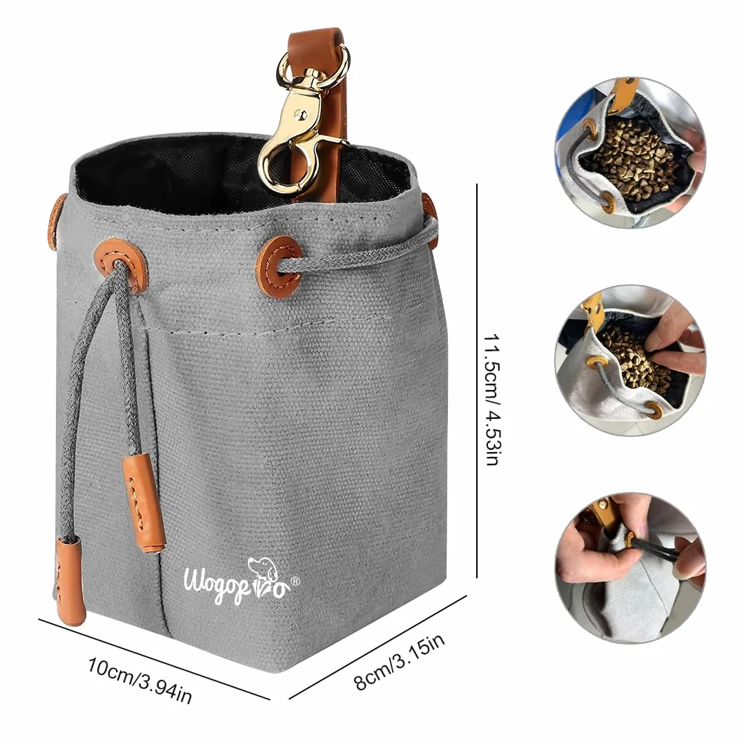 Sacchetto per cani in tela con clip e corda, per addestramento del cane (grigio)