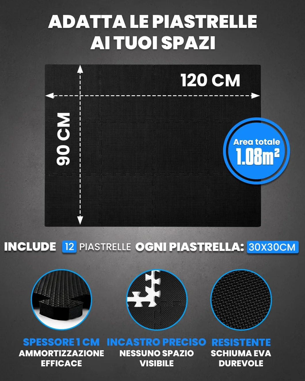 Tappeto da Fitness a Puzzle 12 Pezzi Tatami Antiscivolo Pavimento Protettivo Incastro Palestra Schiuma EVA 30x30x1 cm Nero
