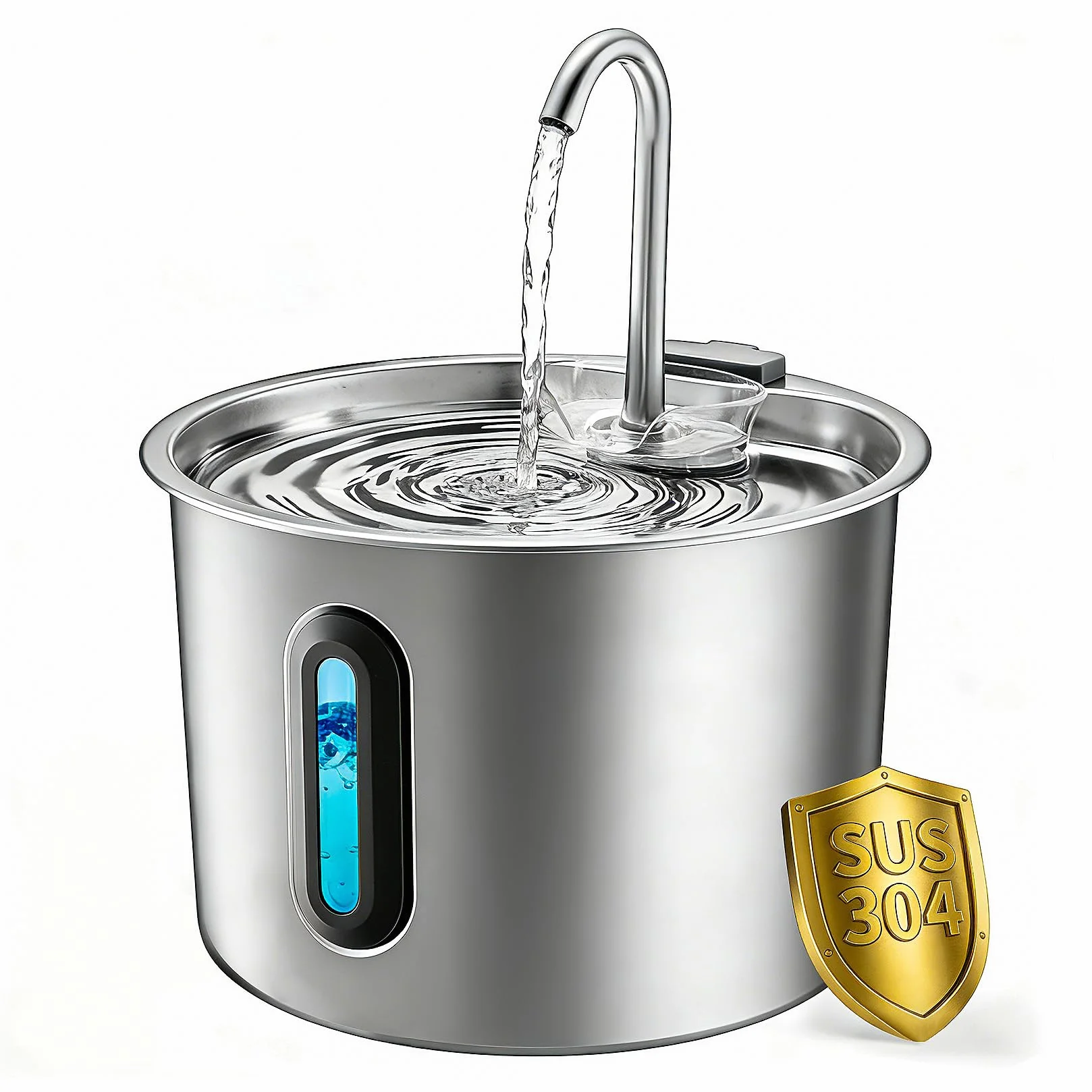 Fontanella per Gatti in Acciaio, Inox 2,2 L – Fontana Automatica con Finestra Panoramica, Pompa Ultra Silenziosa, Sistema Multi-Filtrazione + 1 Filtro e 1 Spugna – per Gatti, Cani, Piccoli Animali
