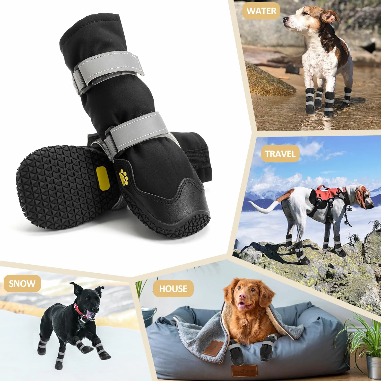 Scarpette Cane Antiscivolo Impermeabili con Cinghie Riflettenti, Suola in Gomma Protezione Zampe 4 Pezzi XL Nero