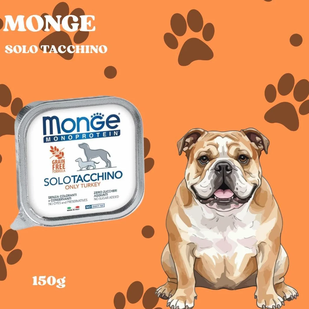 Monge Monoprotein cane, umido monoproteico per cani di tutte le taglie gusto SOLO TACCHINO formula grainfree | 12 vaschette da 150 grammi l'una.