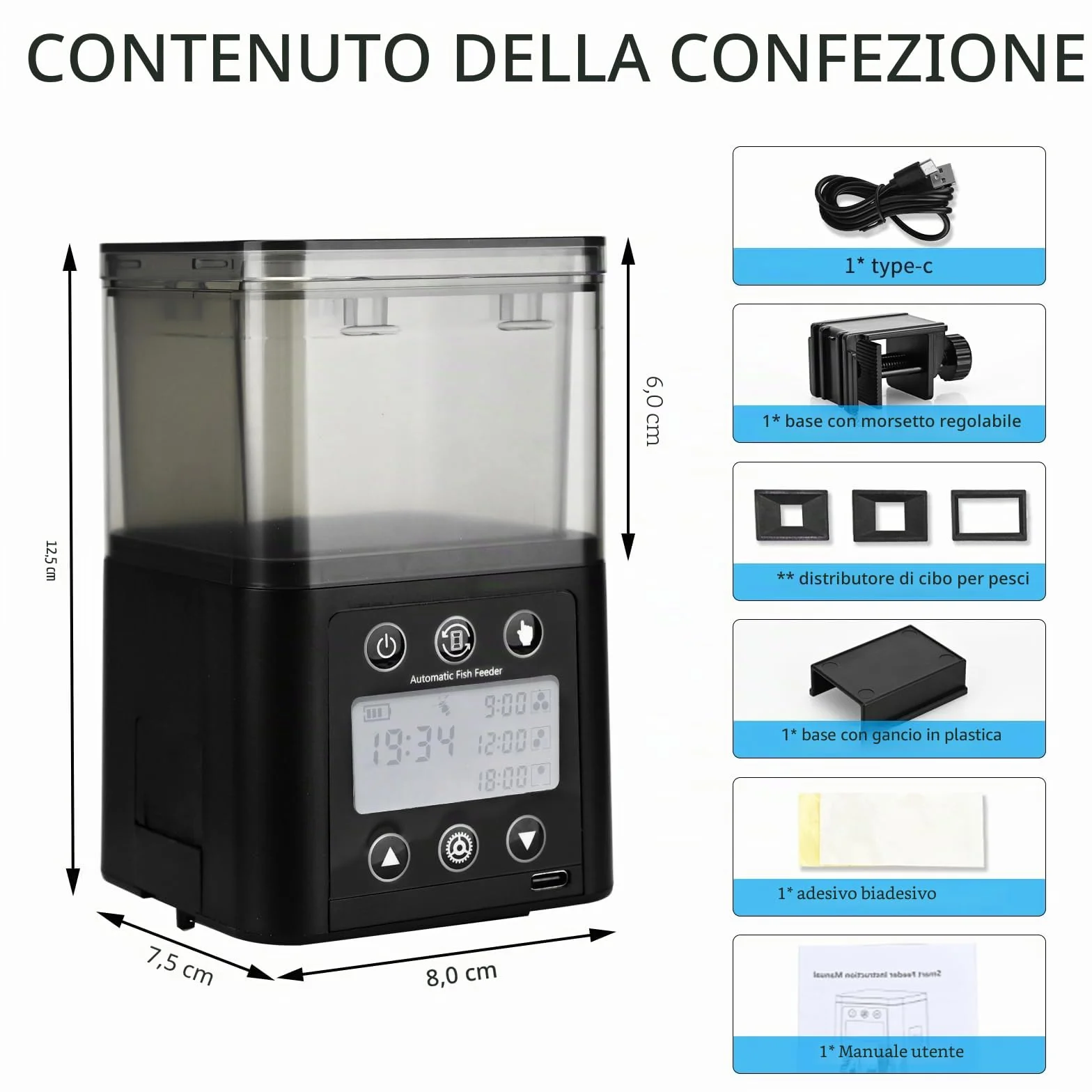 Podazz Alimentatore automatico per pesci, ricaricabile, con timer, con display LCD, 320 ml, alimentatore elettrico per pesci a prova di umidità, per il fine settimana in vacanza