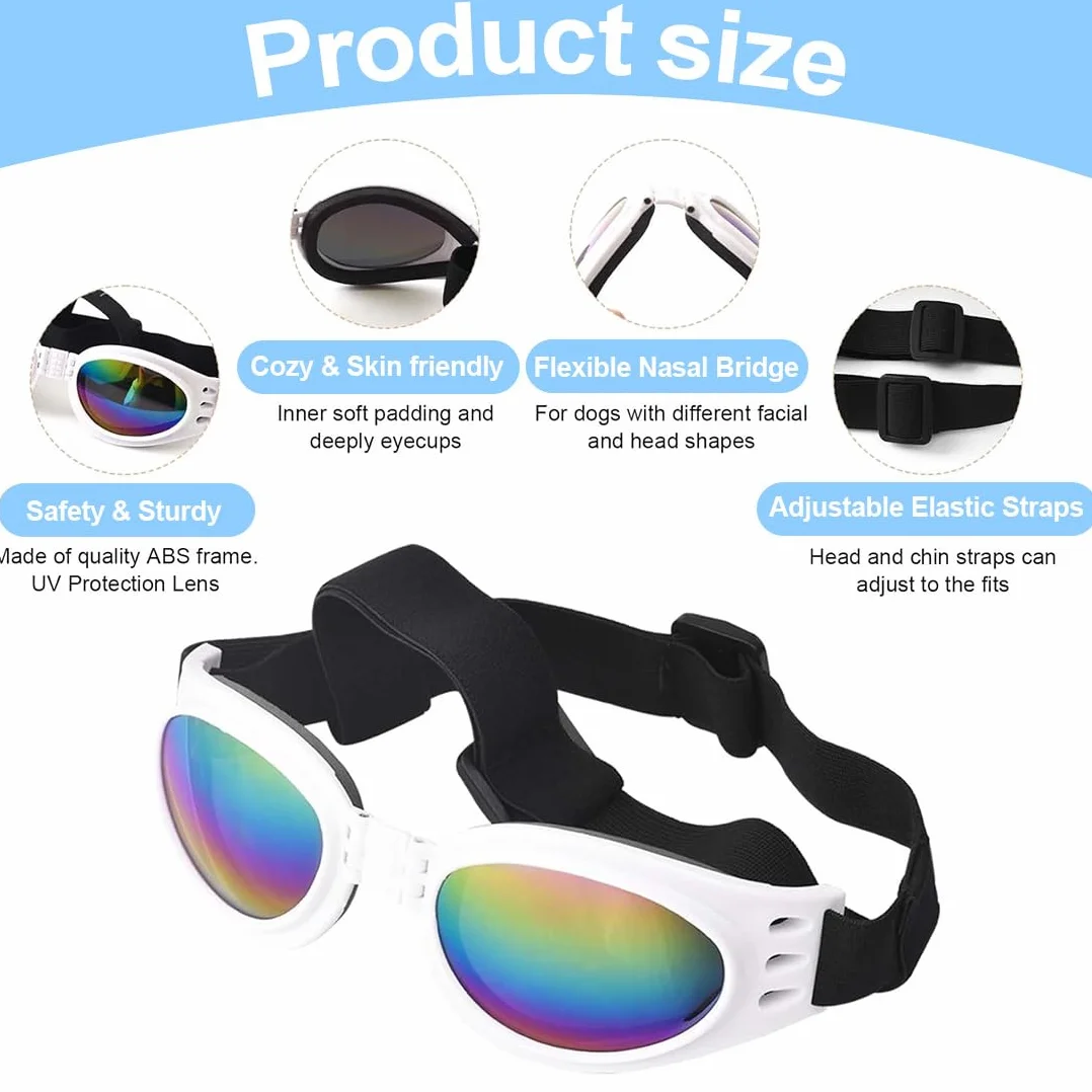 2 Pcs Occhiali per Cani, Occhiali da Sole e protettivi per Cani di Taglia Piccola, con Cinturini Regolabili e Pieghevole, Anti UV, Impermeabili, Antivento, Anti Appanamento