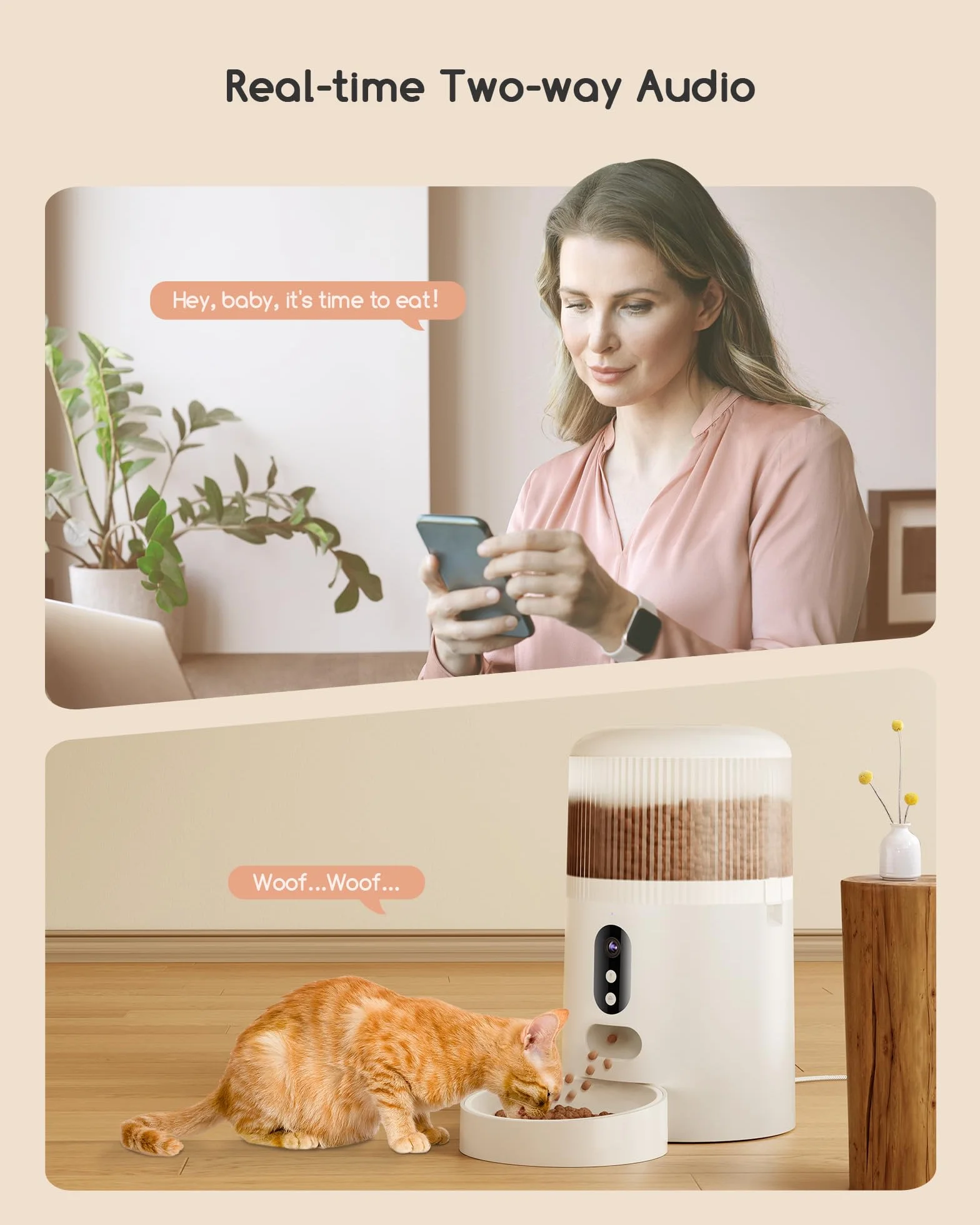 Faroro Dispenser Automatico Cibo Gatti WiFi, 3MP HD Telecamera con Visione Notturna, 4L Dispenser Cibo Gatti/Cani con Audio Bidirezionale, Controllo APP, Rilevamento Movimento e Doppia Alimentazione