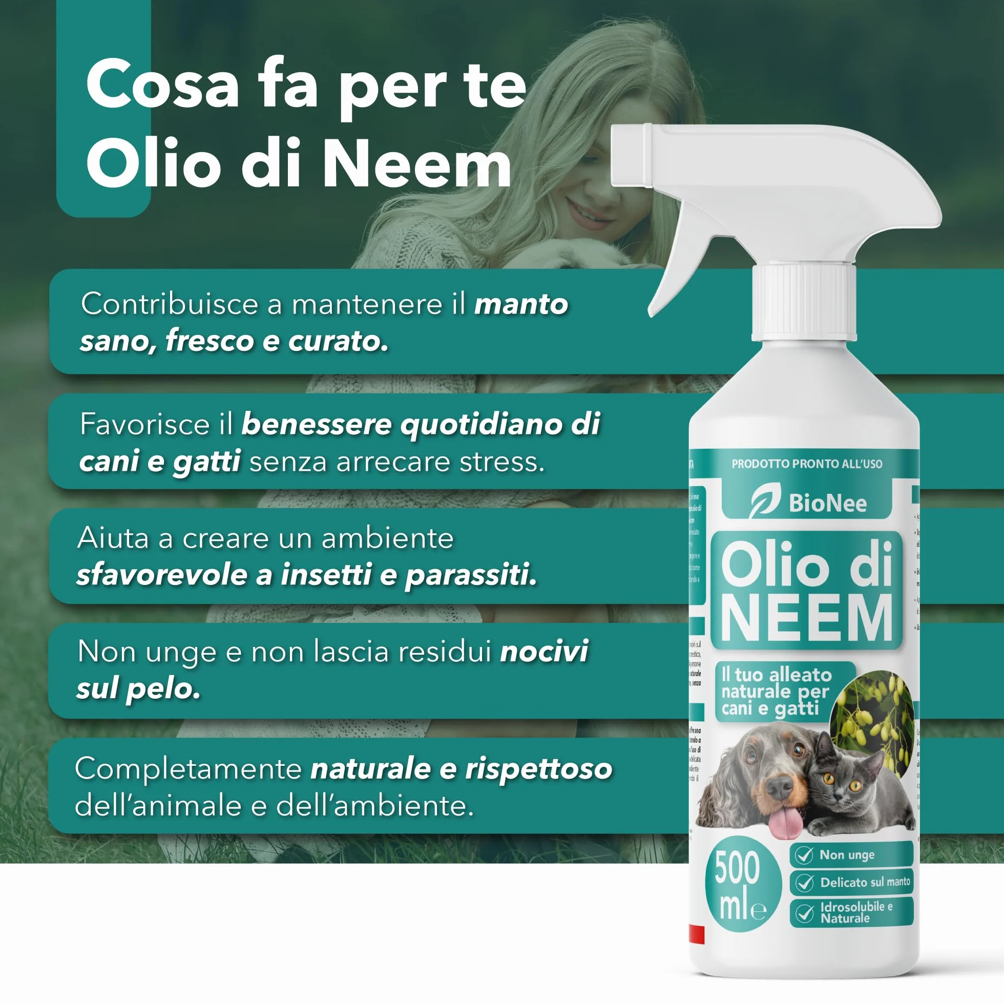 Olio di Neem per Cani e Gatti Spray 500 ml – Idrosolubile, Naturale, Non Unge – Azione Delicata, Effetto Barriera Sgradito a Zecche Pulci Zanzare Insetti