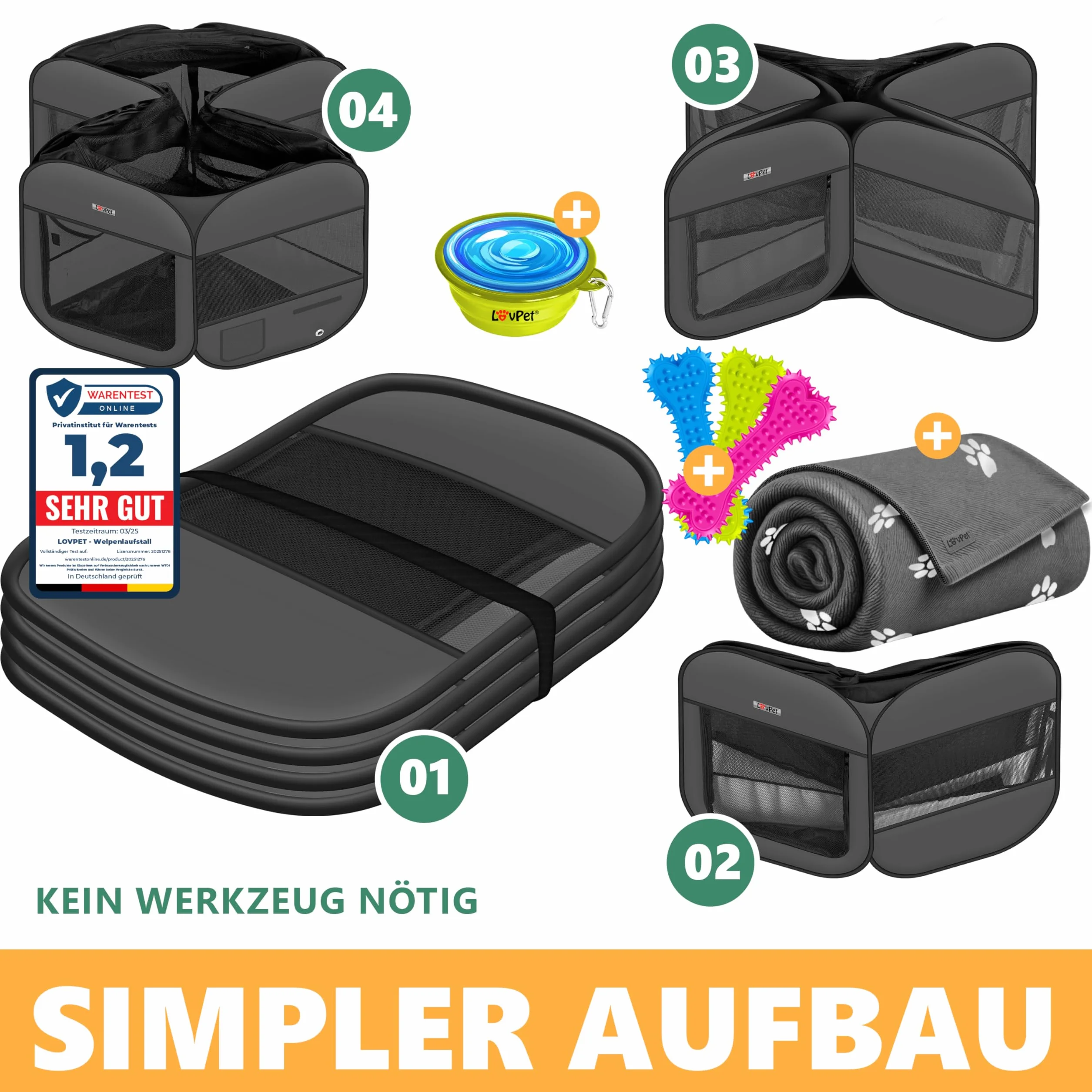 Lovpet® Recinto per Cuccioli - recinto per Animali Pieghevole per Piccoli Animali, Gatti, incl. Ciotola - Box - Recinzione - Tessuto Oxford - Sistema Pop-up