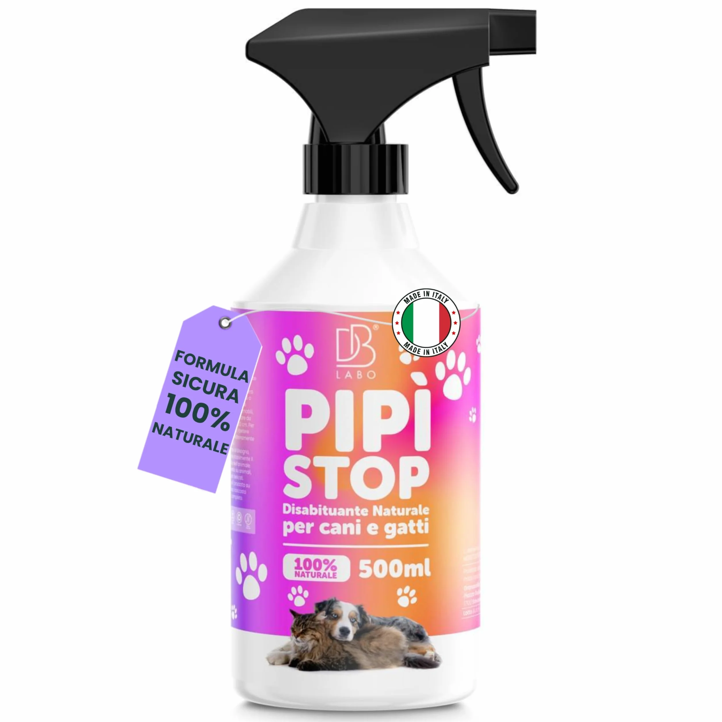 Spray Disabituante per Cani e Gatti 500ml, Repellente per Gatti, Anti Pipi, Dissuasori per Cani, Allontana Animali da Divano, Giardino e Pavimenti, Urine off Gatti, Uso Interno ed Esterno