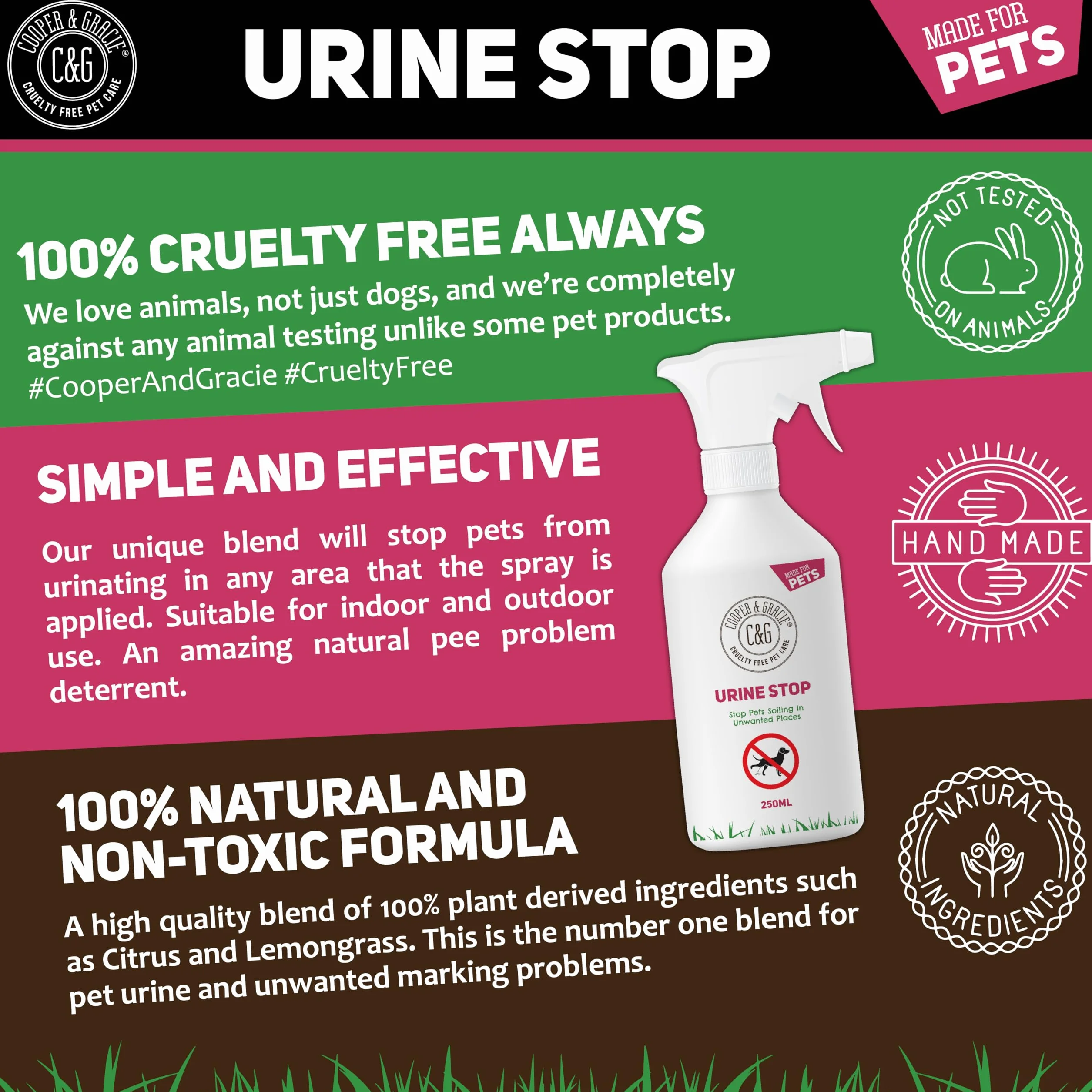 C&G Pets Urine Stop Spray per cani e gatti – Formula a tripla azione – blocca la ripetizione di segni all'interno e all'esterno – Ingredienti naturali, prodotto nel Regno Unito – sicuro per famiglie e