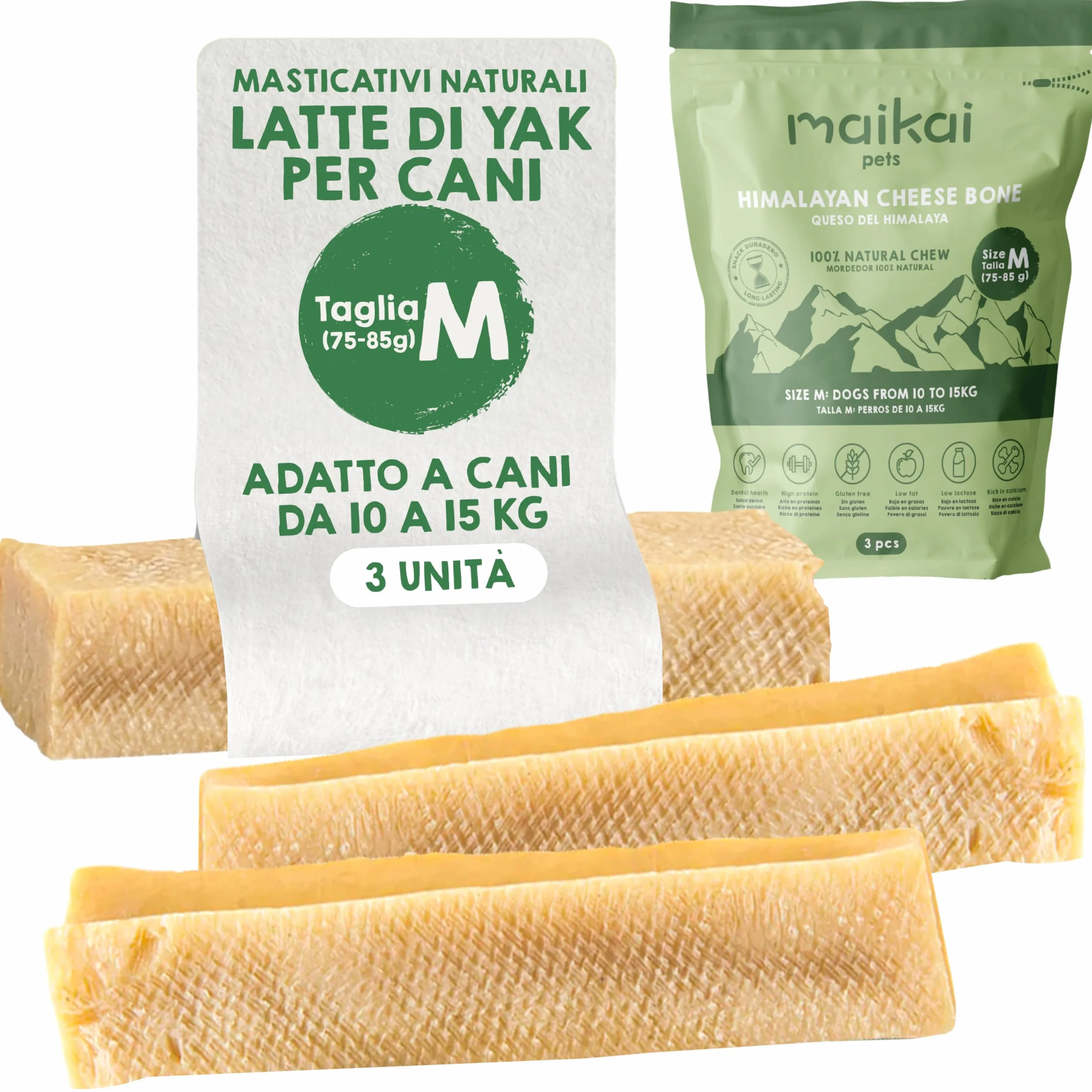 Latte di Yak per Cani Medi Taglia M Lunga Durata Masticativi Naturali Ossa per Cani da Masticare Confezione da 3 – Formaggio dell´Himalaya Puro per la Salute Dentale 10-15kg - Regali per Cani