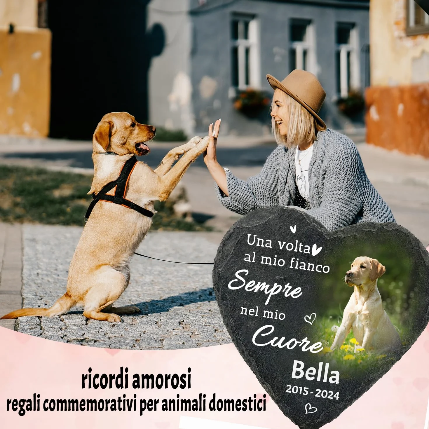 Pietra Commemorativa Personalizzata per Animali Domestici, Targa a Forma di Cuore con Foto, Regalo Perdita Cane Gatto