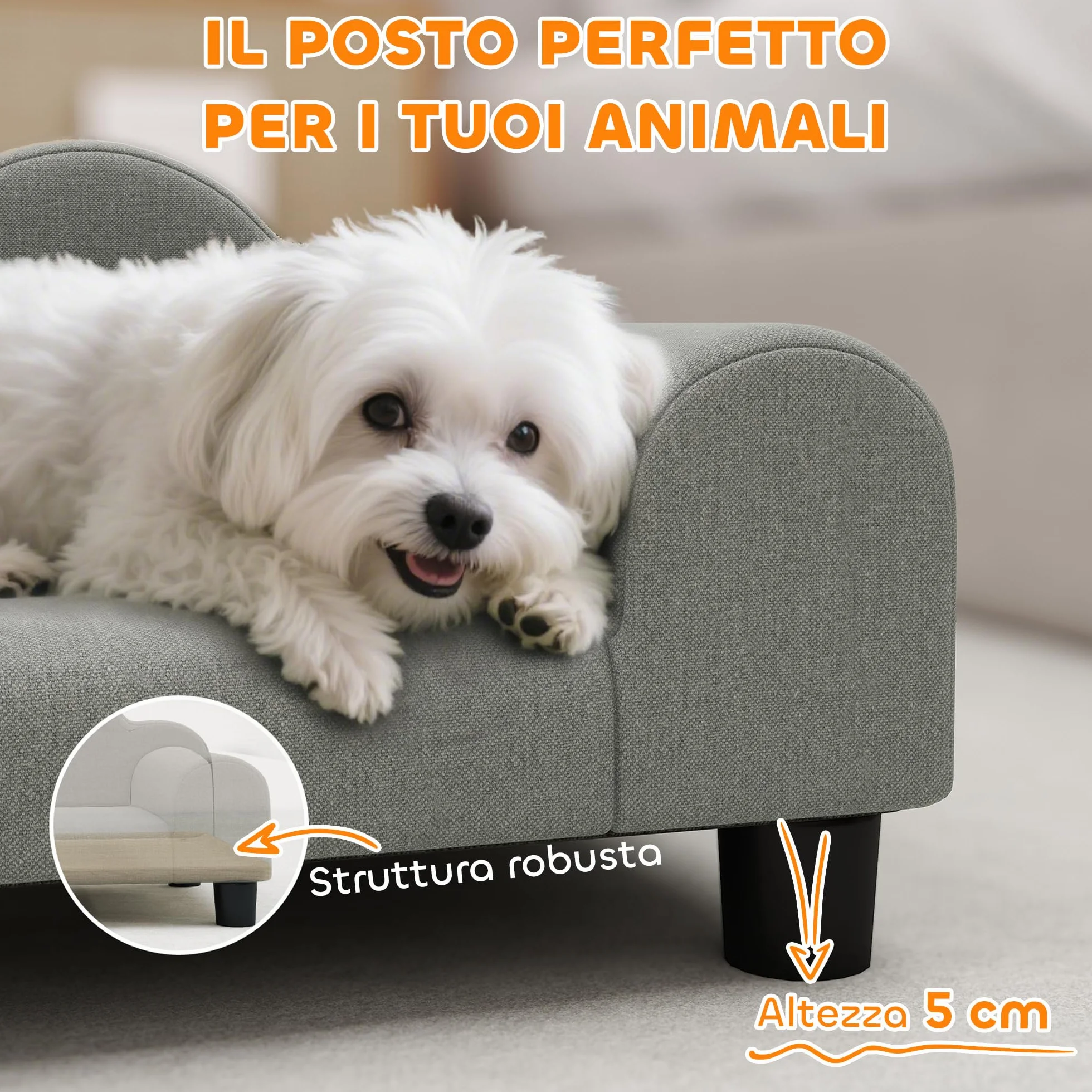 PawHut Divano per Cani Piccoli Morbido con Braccioli di Supporto, Divanetto per Cani in Legno e Tessuto French Terry, 66x42x28.5 cm, Grigio