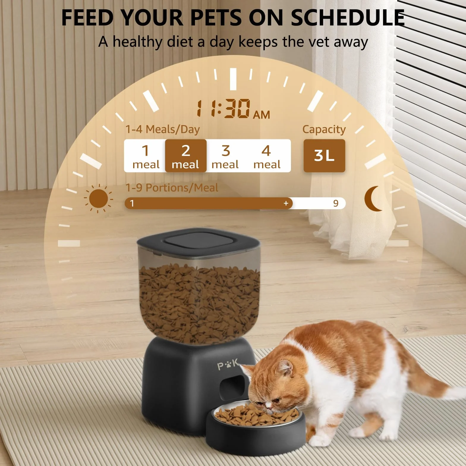 PUPPY KITTY Cady Distributore Automatico Cibo Gatti, 3L Dispenser Cibo Gatti con 10S Registrazion, Durata Della Batteria fino a 180 giorni, Orari di Mangiatoia Personalizzati, 1-4 Pasti al Giorno